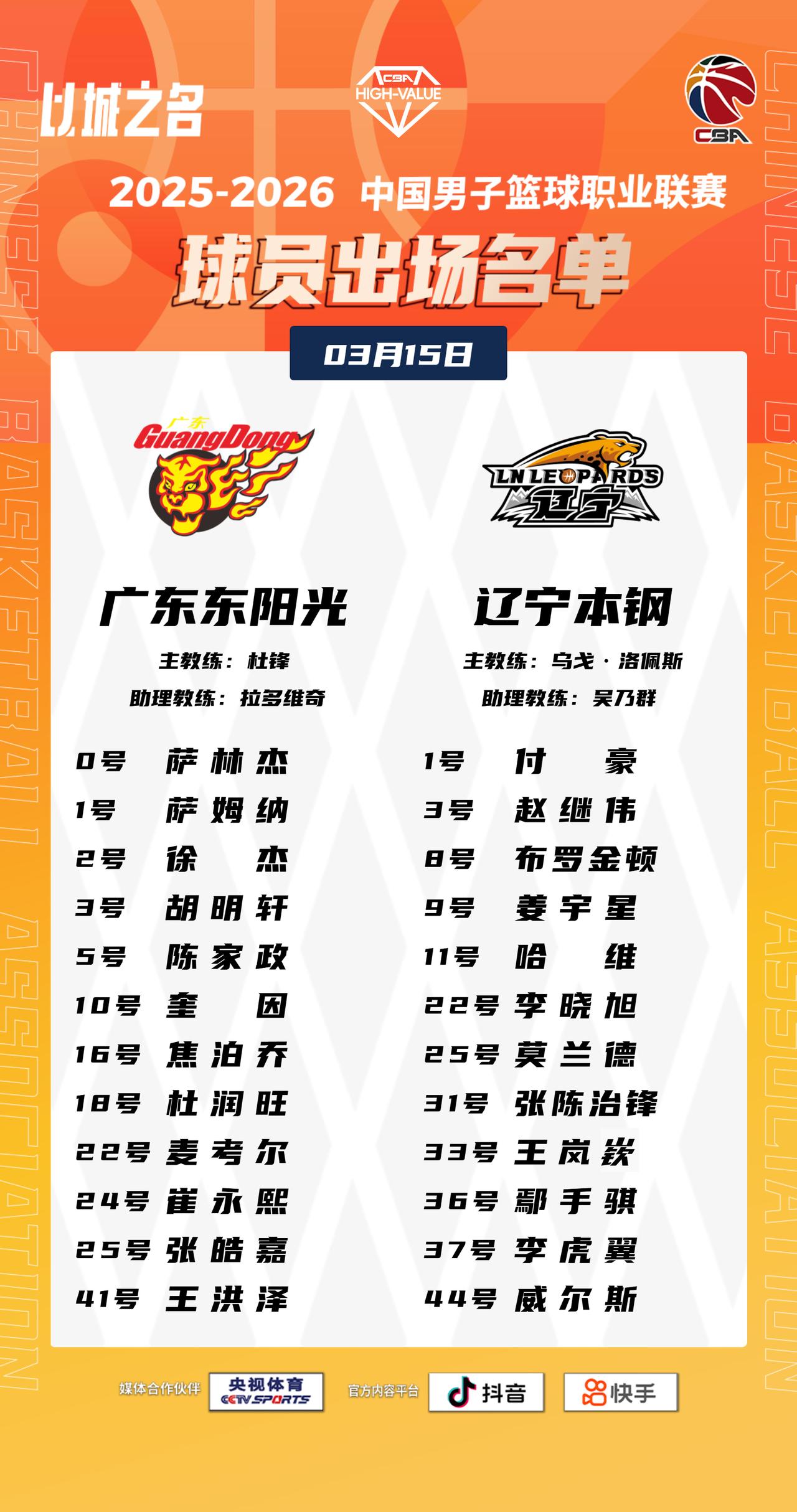 【大名单出炉】2025-2026赛季CBA联赛常规赛第二十六轮今晚开打，2场比赛