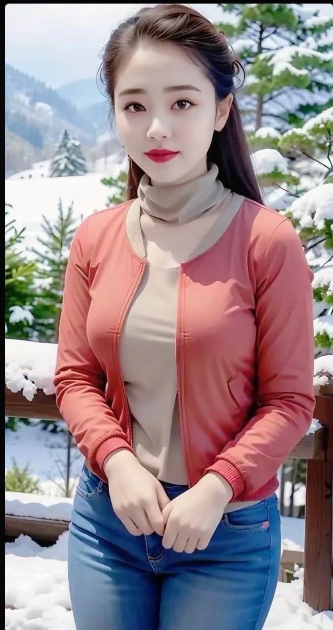 雪中红衣女，静立如画里。