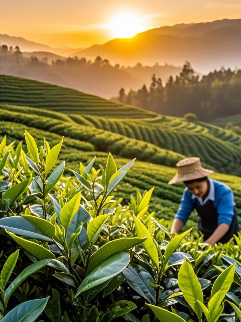 茶园日暮韵幽。叶闪微光，香随光柔，夕阳盛景心中留。茶园春色里，采茶人笑语。高山上