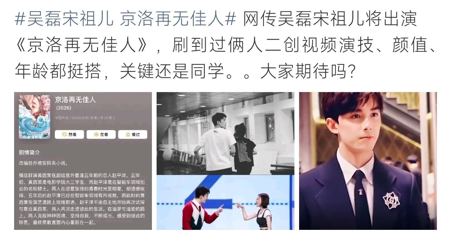 吴磊宋祖儿 京洛再无佳人网传吴磊、宋祖儿将合作《京洛再无佳人》。二人本就是同学，