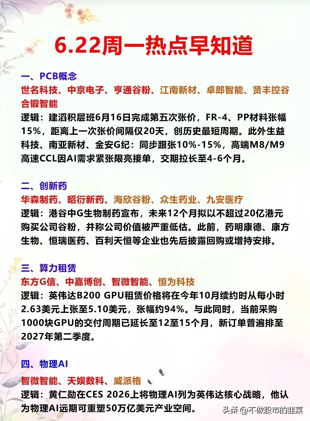 周一十二大赛道全线催化，算力与上游材料共振开启结构性行情
 
周一盘面覆盖PCB