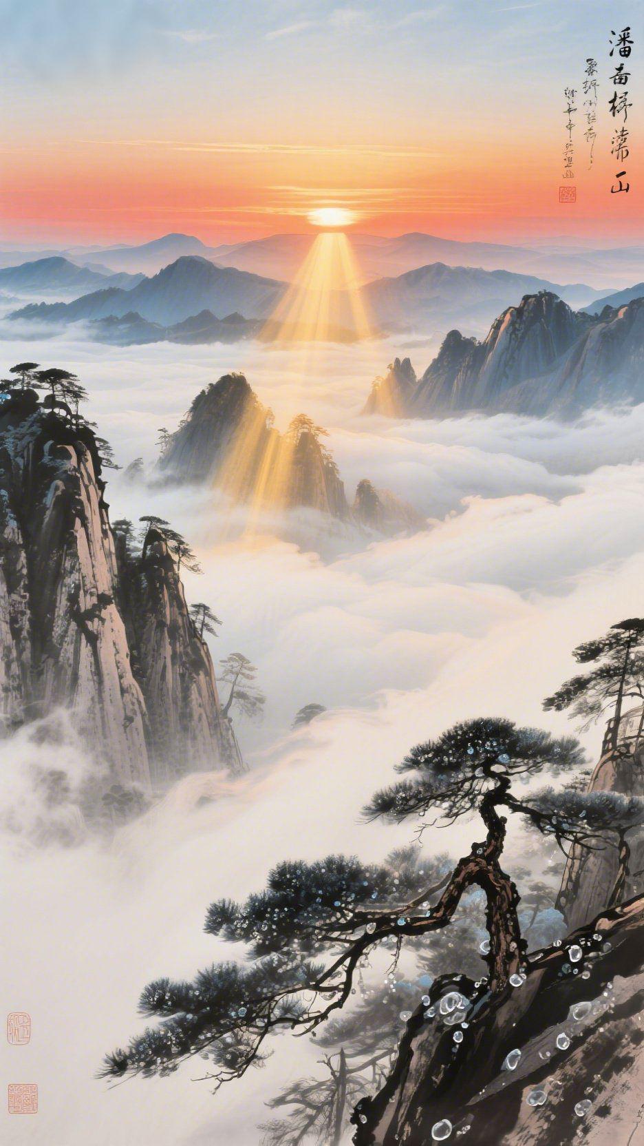 云海松涛旭日升
 
当东方天际晕开第一抹暖橘霞光，沉寂的群山，便在晨光里缓缓醒转