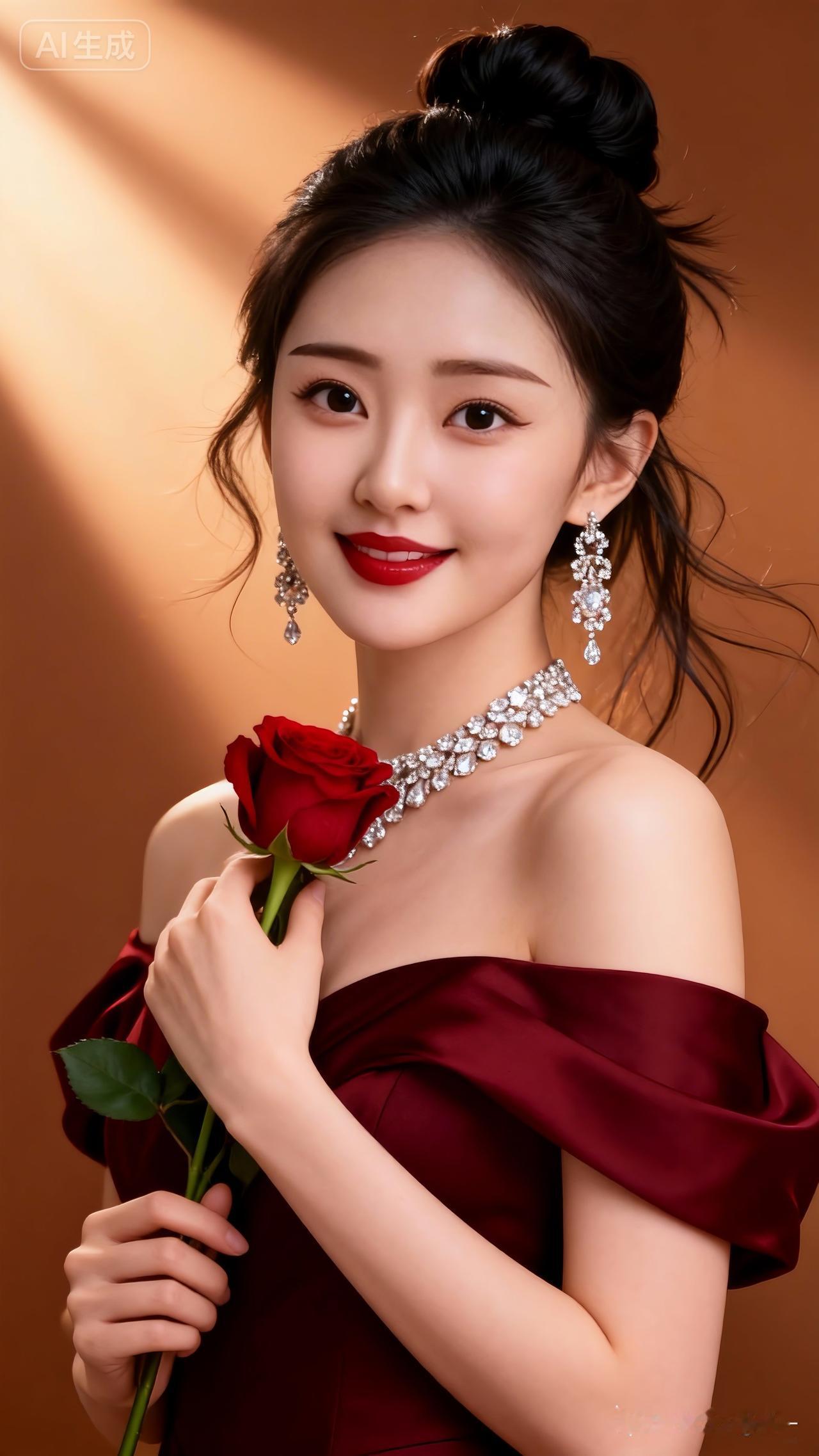 女子高髻散落微光，闪钻耳坠项链交映璀璨，酒红露肩礼服衬出优雅气质。她轻执红玫瑰贴