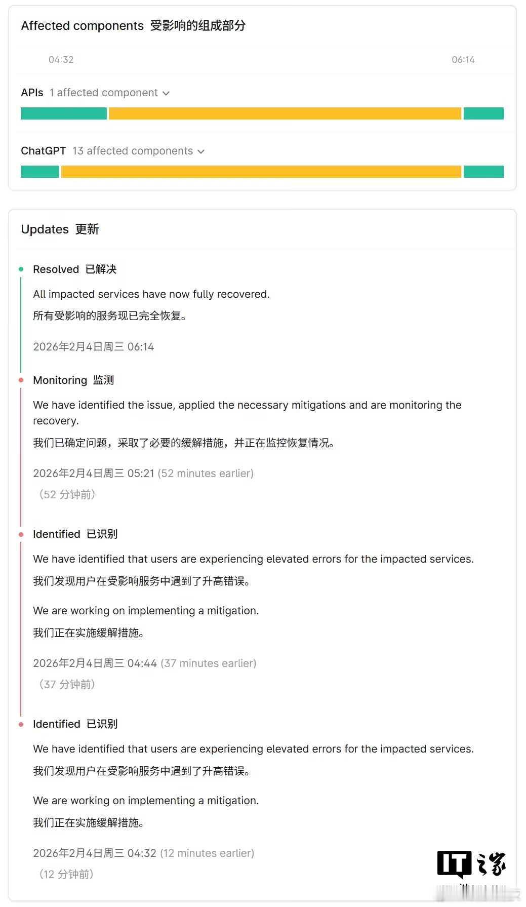 【ChatGPT突发全球大规模中断，ChatGPT官网已恢复】IT之家2月4日消