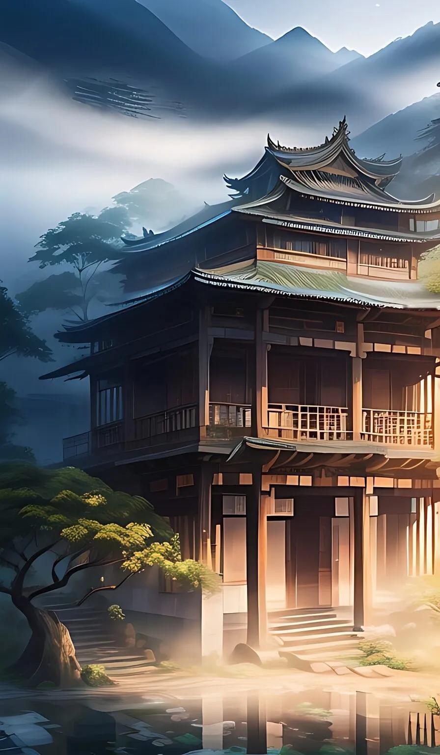 一幅江南烟雨古镇的美丽画卷。雨后，中国古老的苗族木屋云雾潦绕着，这是一款超广角、