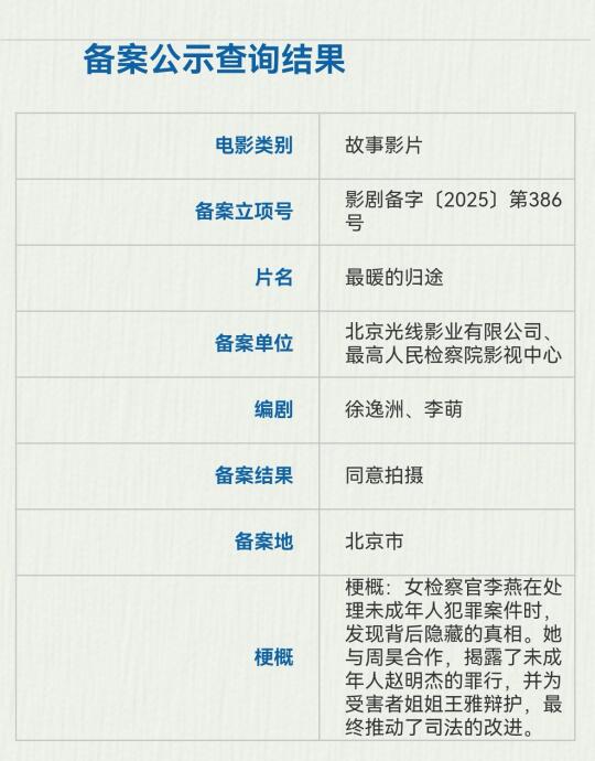 光线影业新片《最暖的归途》备案
