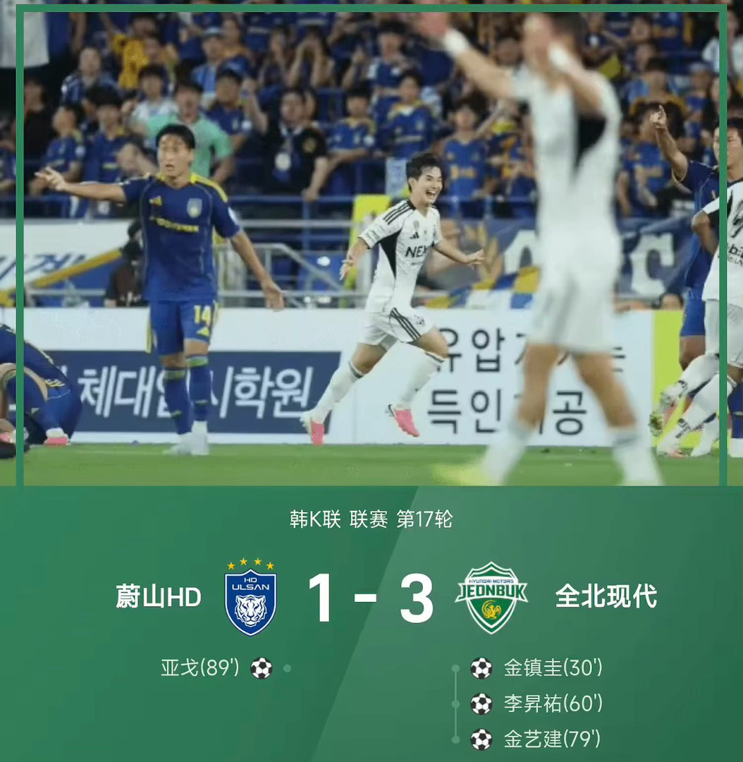 26赛季韩K联联赛第17轮，全北现代3-1战胜蔚山HD。上半场比赛，裁判精准挡拆