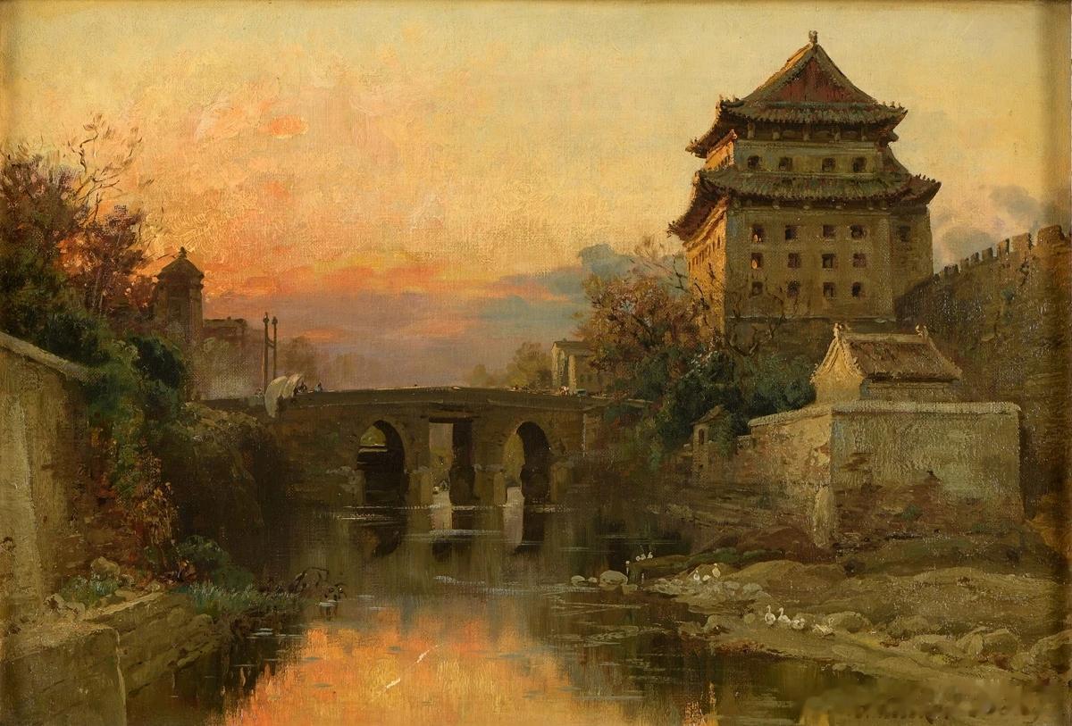 老北京城门油画，清末 