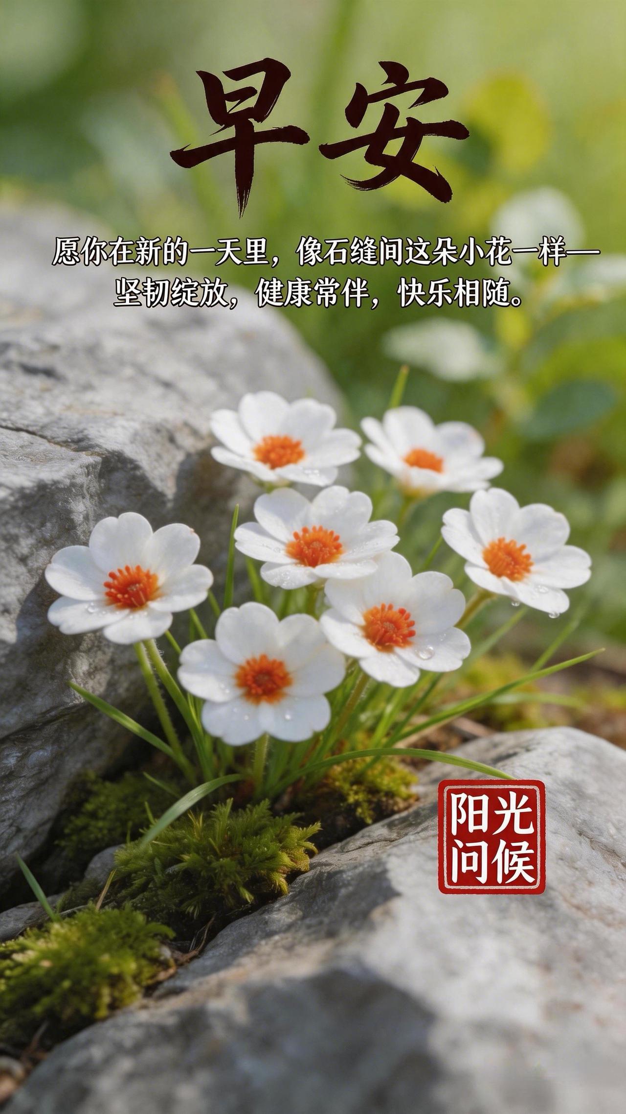 早安，愿你也像石缝间那朵小花一样，在今天温柔绽放，坚韧又明亮。早安 早安问候 早