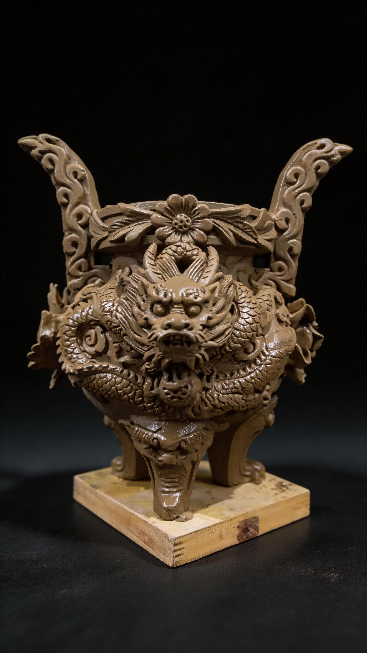 庄重之美，尽在这尊龙纹香炉。炉身祥龙威严灵动，花卉纹饰添祥瑞，炉耳、炉足细节精巧