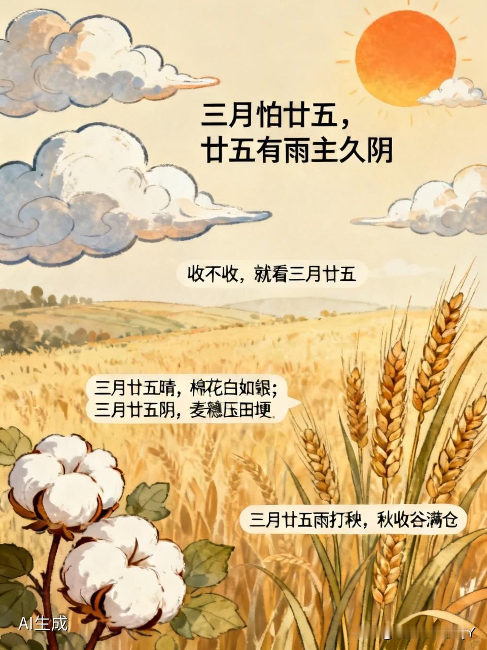 今天是三月二十五民间俗语有
- 三月忌廿五，廿五降雨主久阴
- 收成如何，且看三