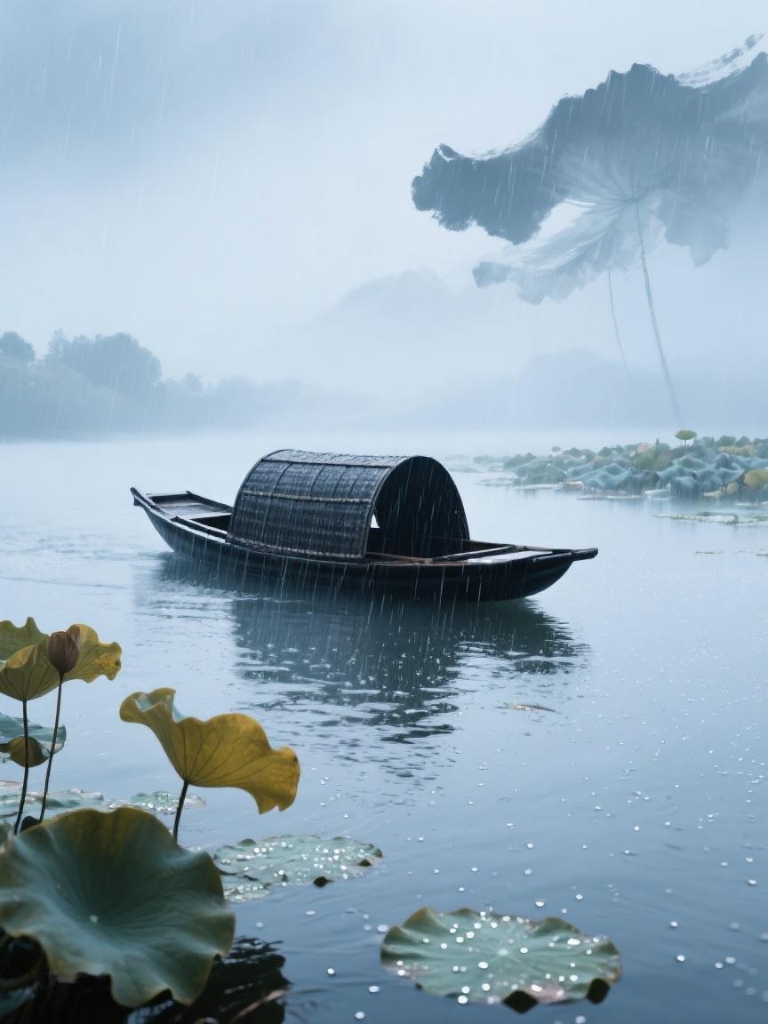 AI妙生图烟雨湿荷，孤舟浮于静湖，于朦胧间，似悟岁月清欢，心自安宁。