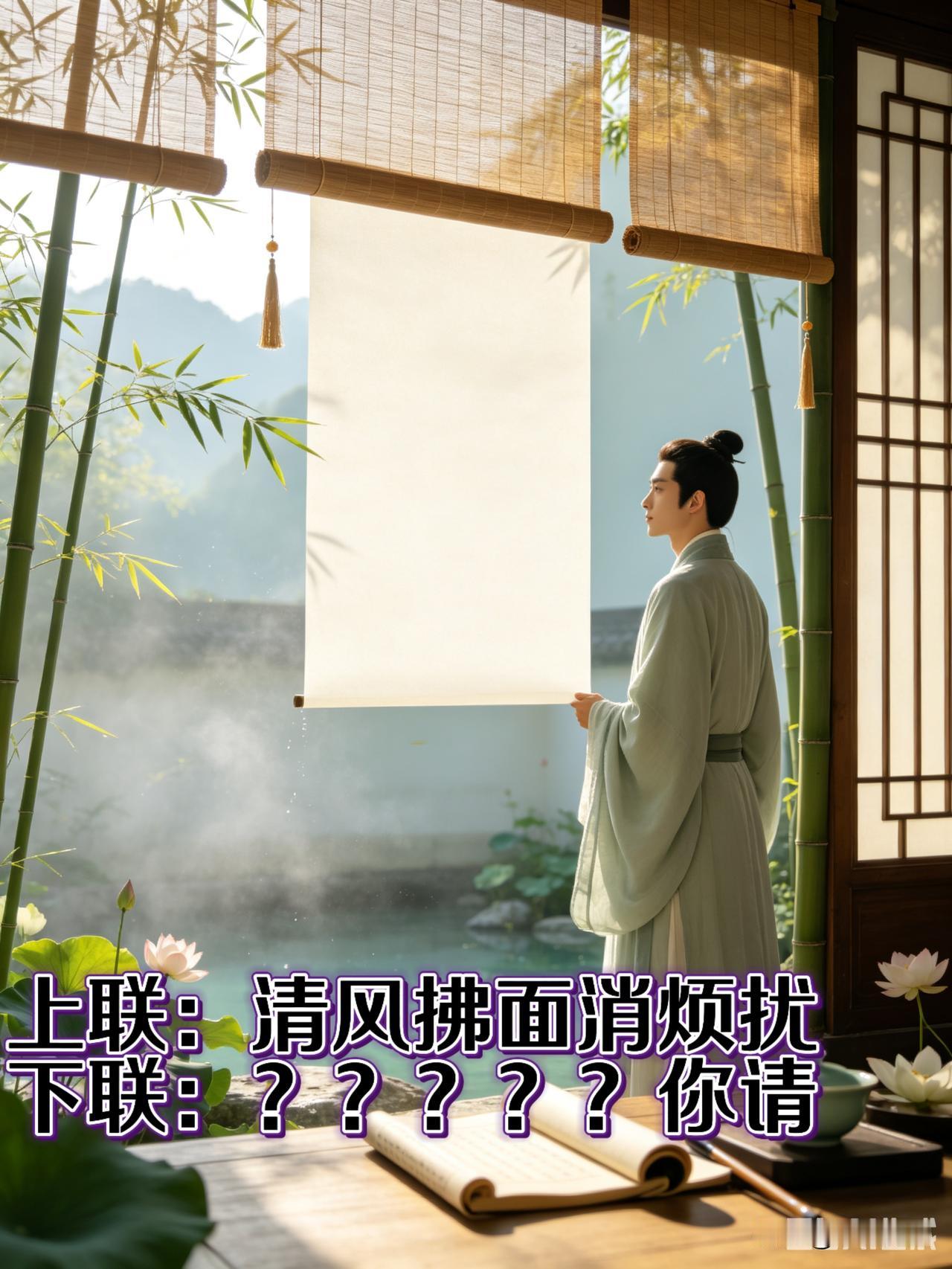 上联：清风拂面消烦扰
下联：？？？？？你请
 
最近总在睡前琢磨对联，这天想到一
