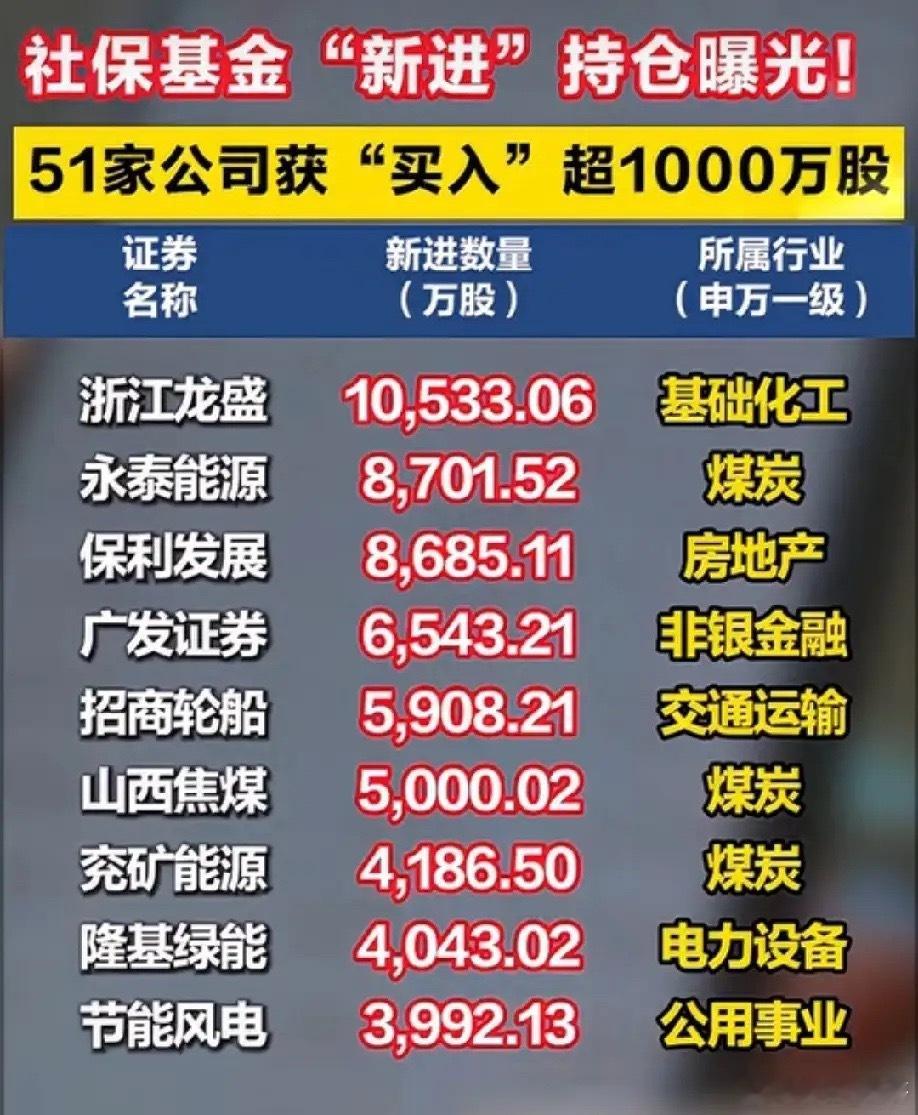 被誉为“A股风向标”的社保基金，最新持仓曝光！51家公司获社保基金新进买入超10