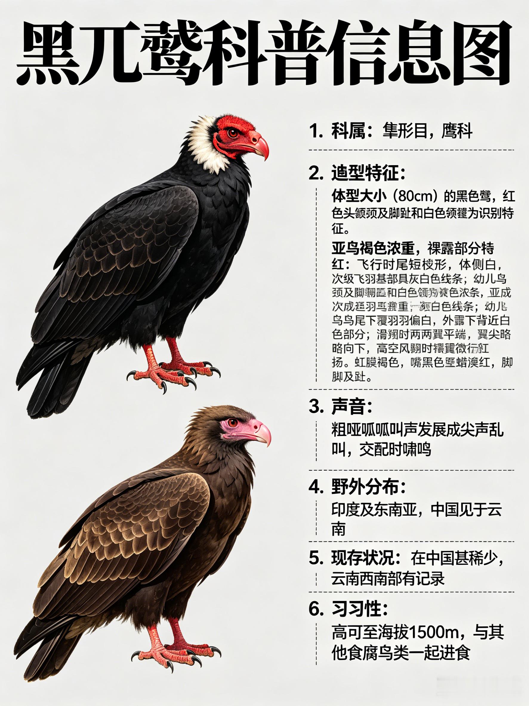 鸟类朋友图鉴 黑兀鹫·科属：隼形目，鹰科。·外形特征：体型较大（80cm）的黑色