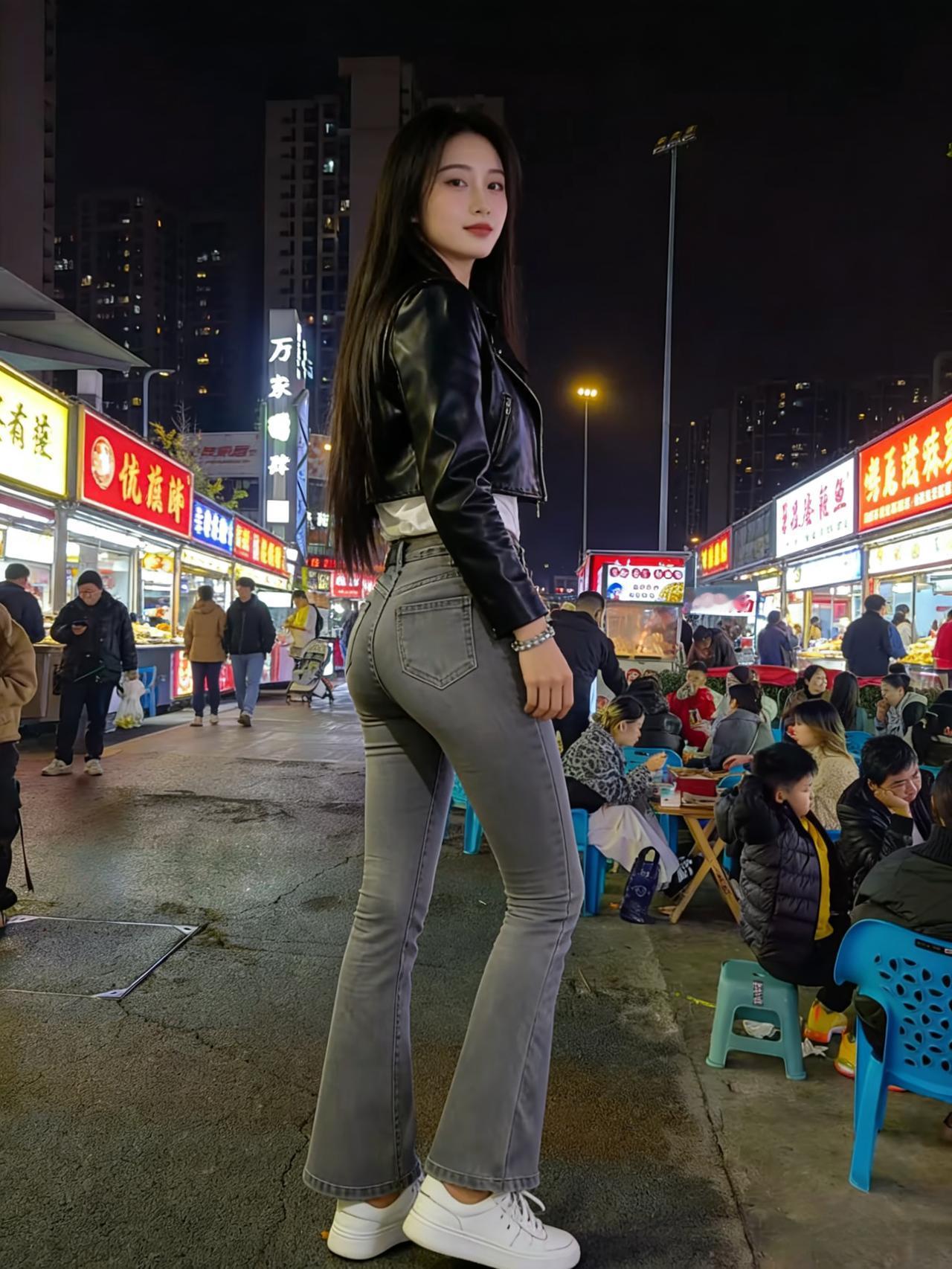 夜市霓虹照客身，长街烟火惹芳尘。
黑裘裁就凌风态，灰裤妆成袅娜身。
发漫鬓边凝暮