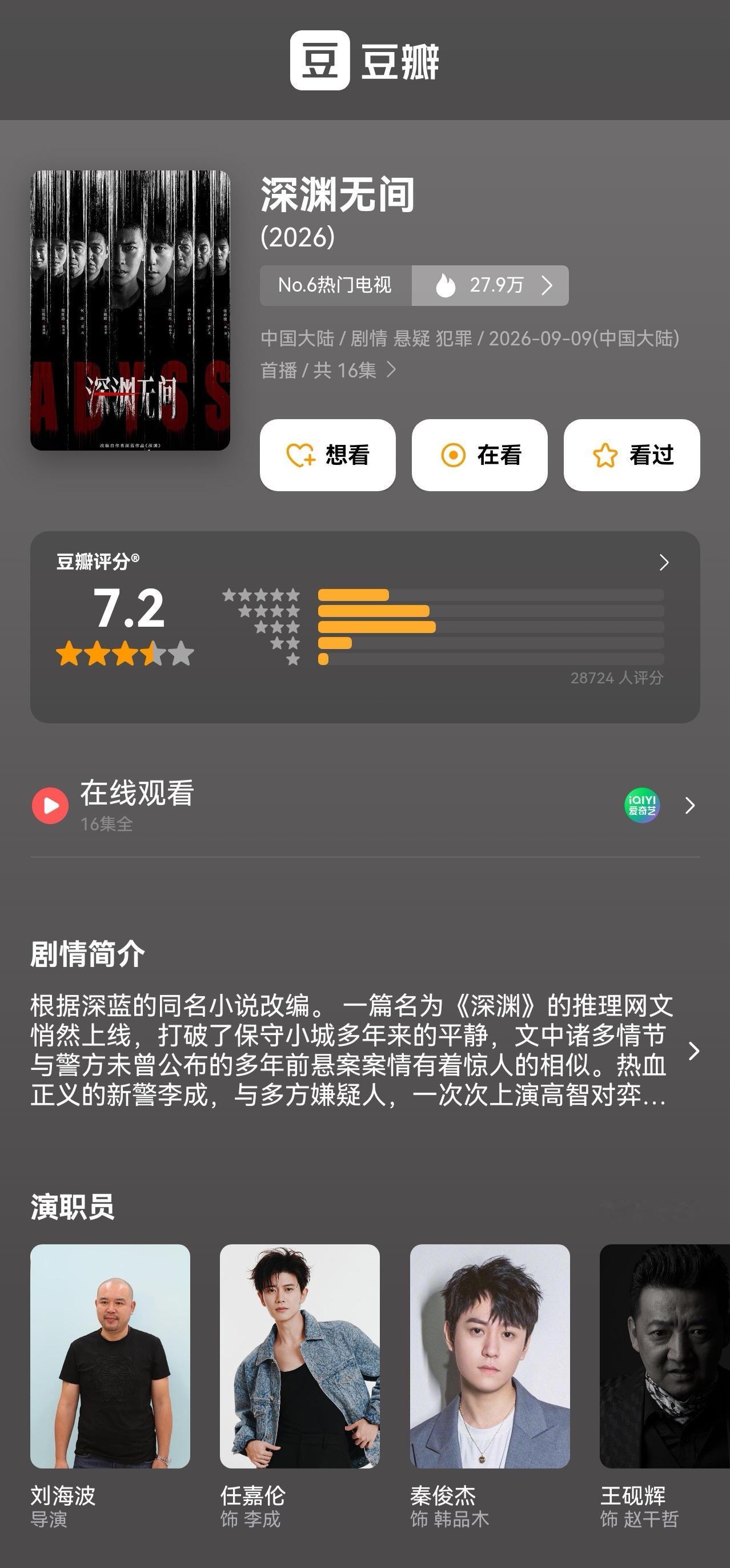 深渊无间[超话]深渊无间开分7.2  任国超  （按姓氏笔画排序）领衔主演剧集《