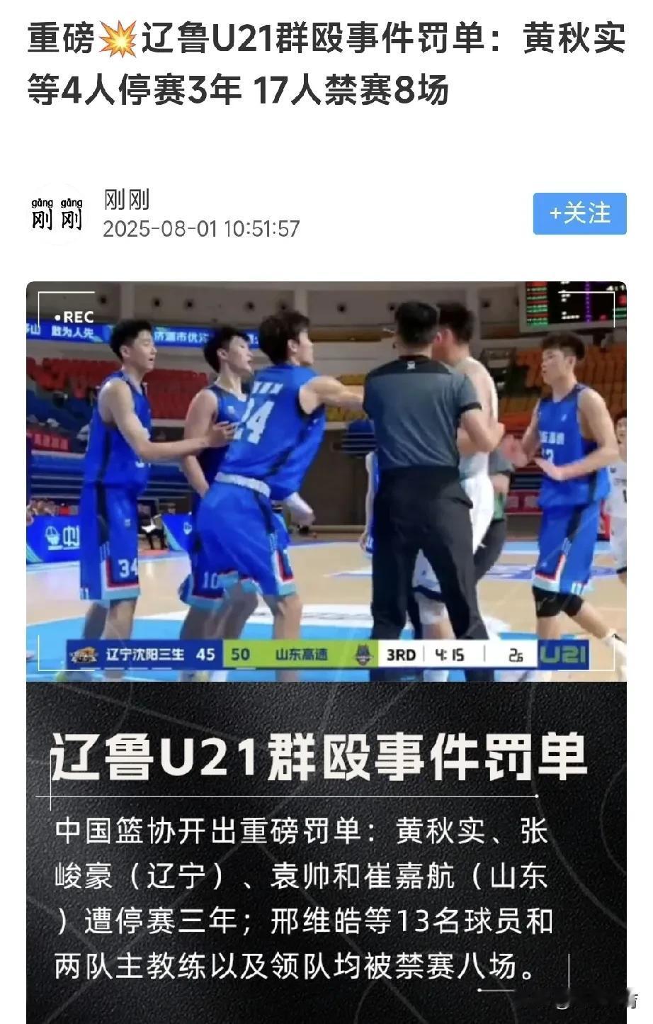 辽宁队两大新星张峻豪、黄秋实遭中国篮协禁赛三年，打架一时爽，禁赛毁前途！

在2