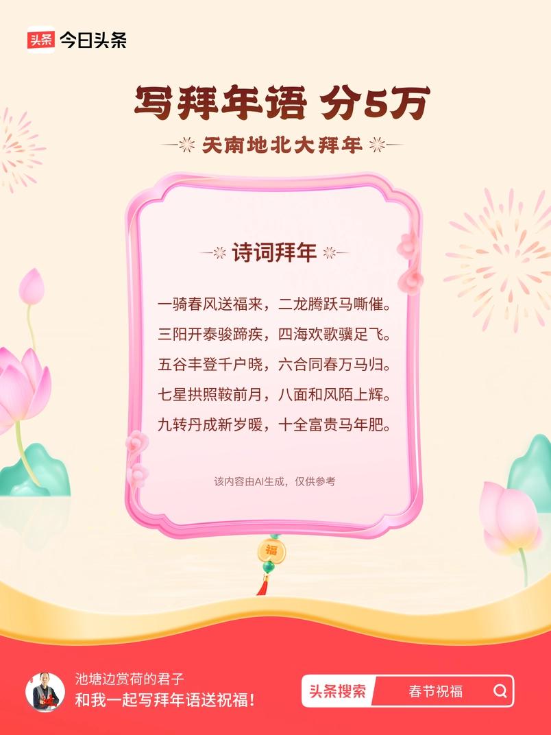 写拜年语送祝福新春拜年送祝福！我的祝福是：“一骑春风送福来，二龙腾跃马嘶催。三阳