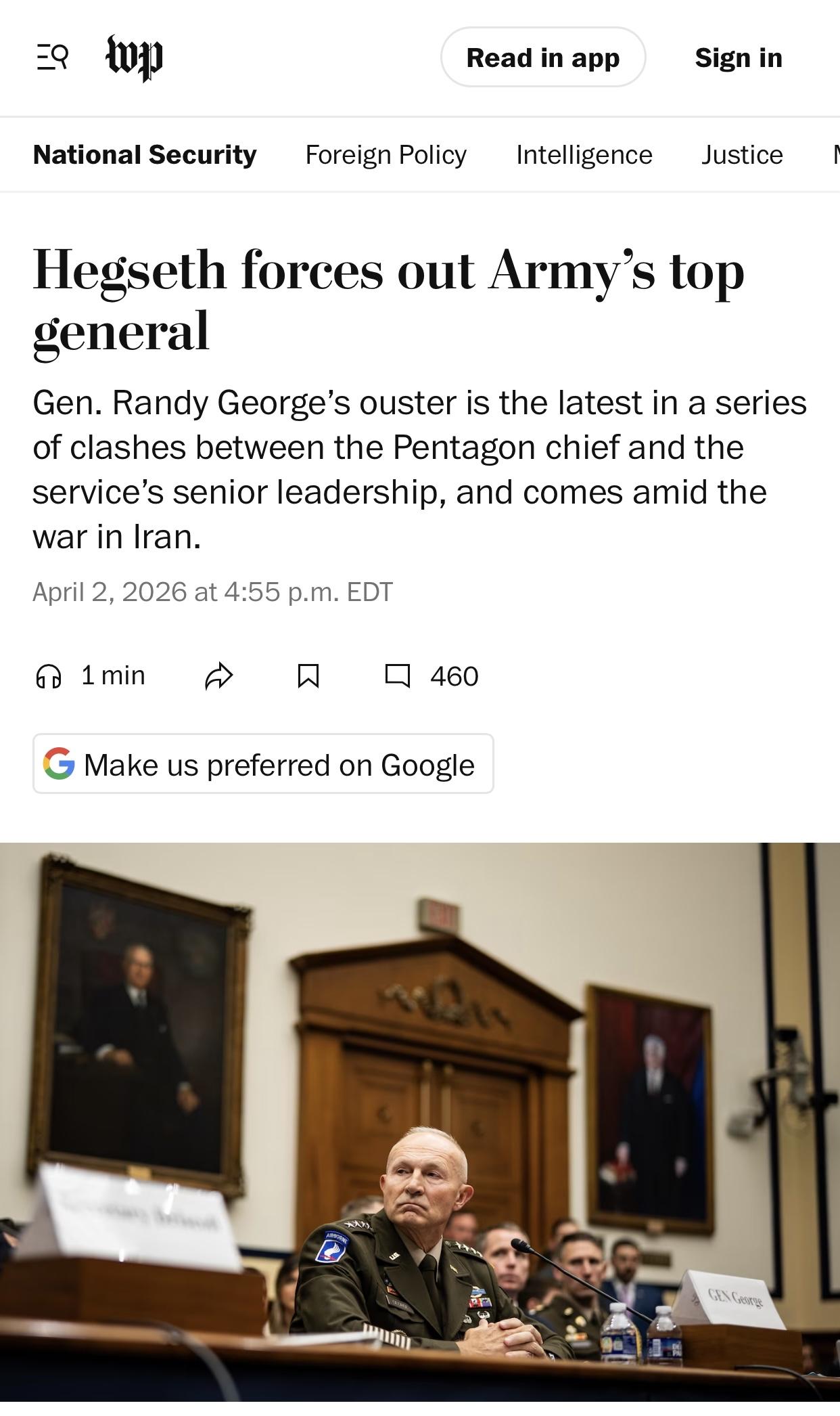 美媒：美国陆军参谋长乔治被炒鱿鱼

美国《华盛顿邮报》官网当地时间4月2日报道：