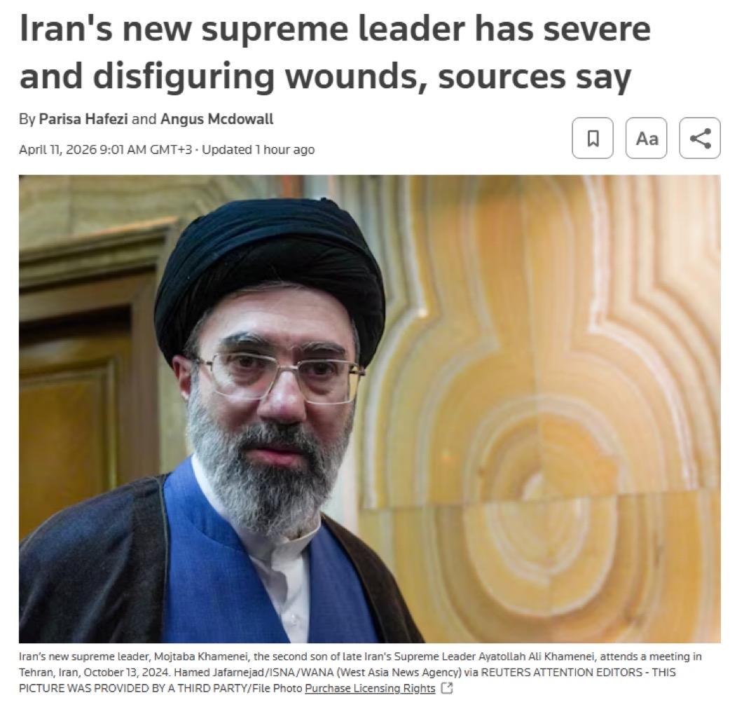 据路透社报道，伊朗新任最高领袖莫杰塔巴·哈梅内伊的脸部在杀死他父亲的袭击中“毁容