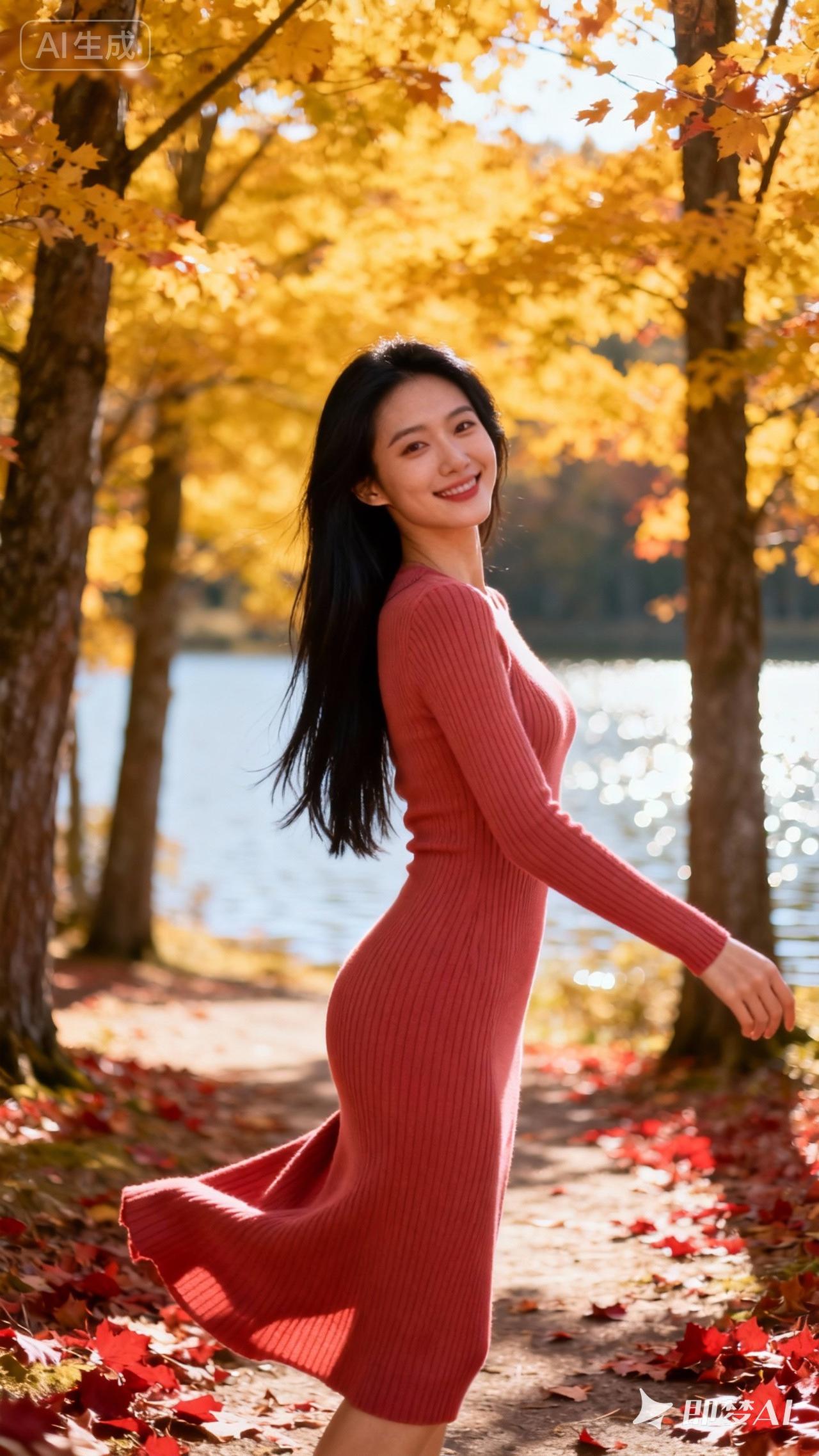 秋日暖阳下，红裙少女漫步在金黄的落叶中，笑靥如花。