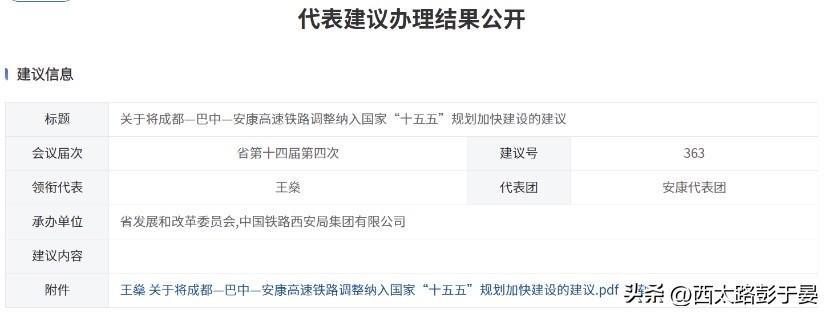 成巴安高铁纳入十五五规划还需深度论证

针对人大代表提出的363号建议，西安铁路