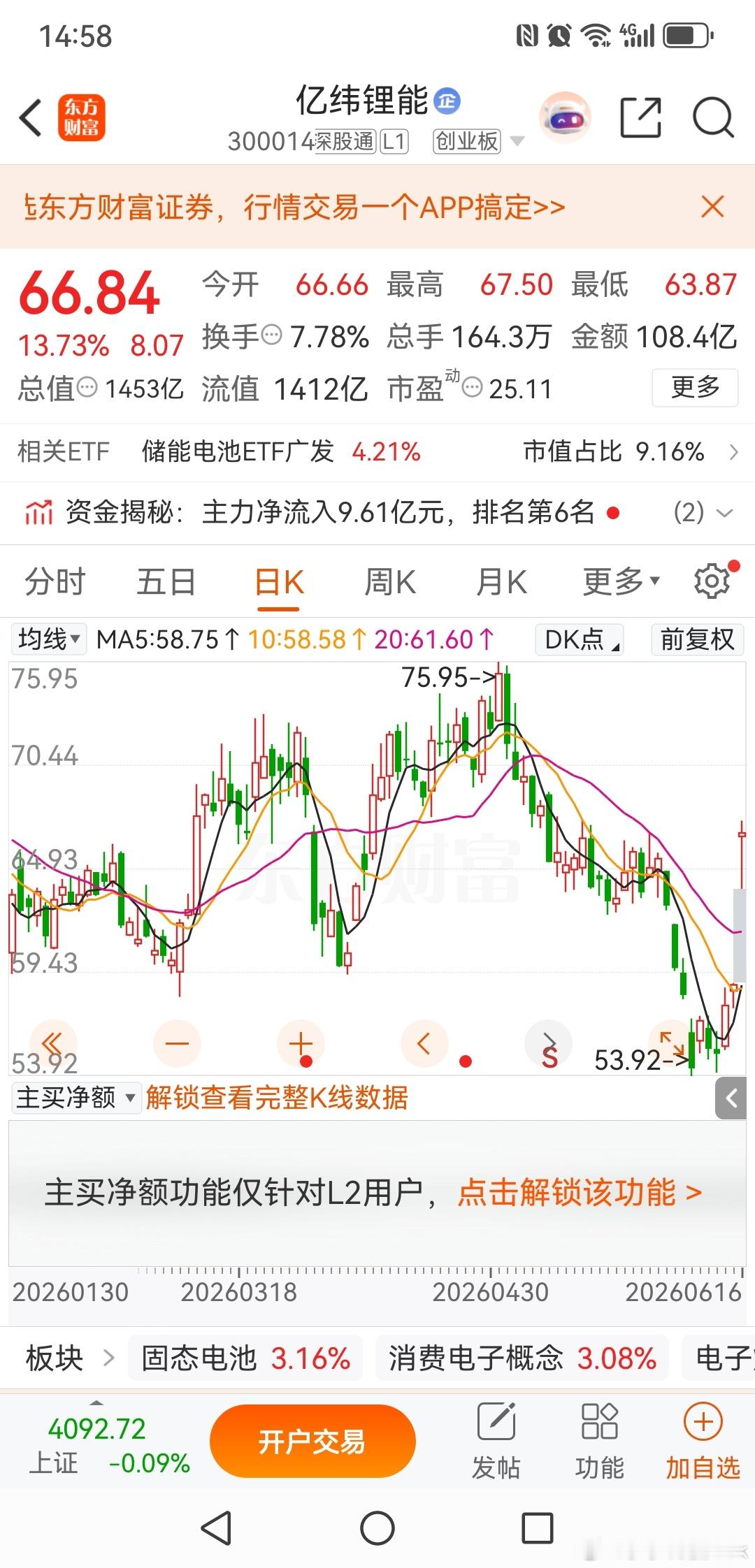 亿纬锂能，业绩预增含金量有限，放量反弹难改下行通道。亿纬锂能昨晚公布了一份半年报