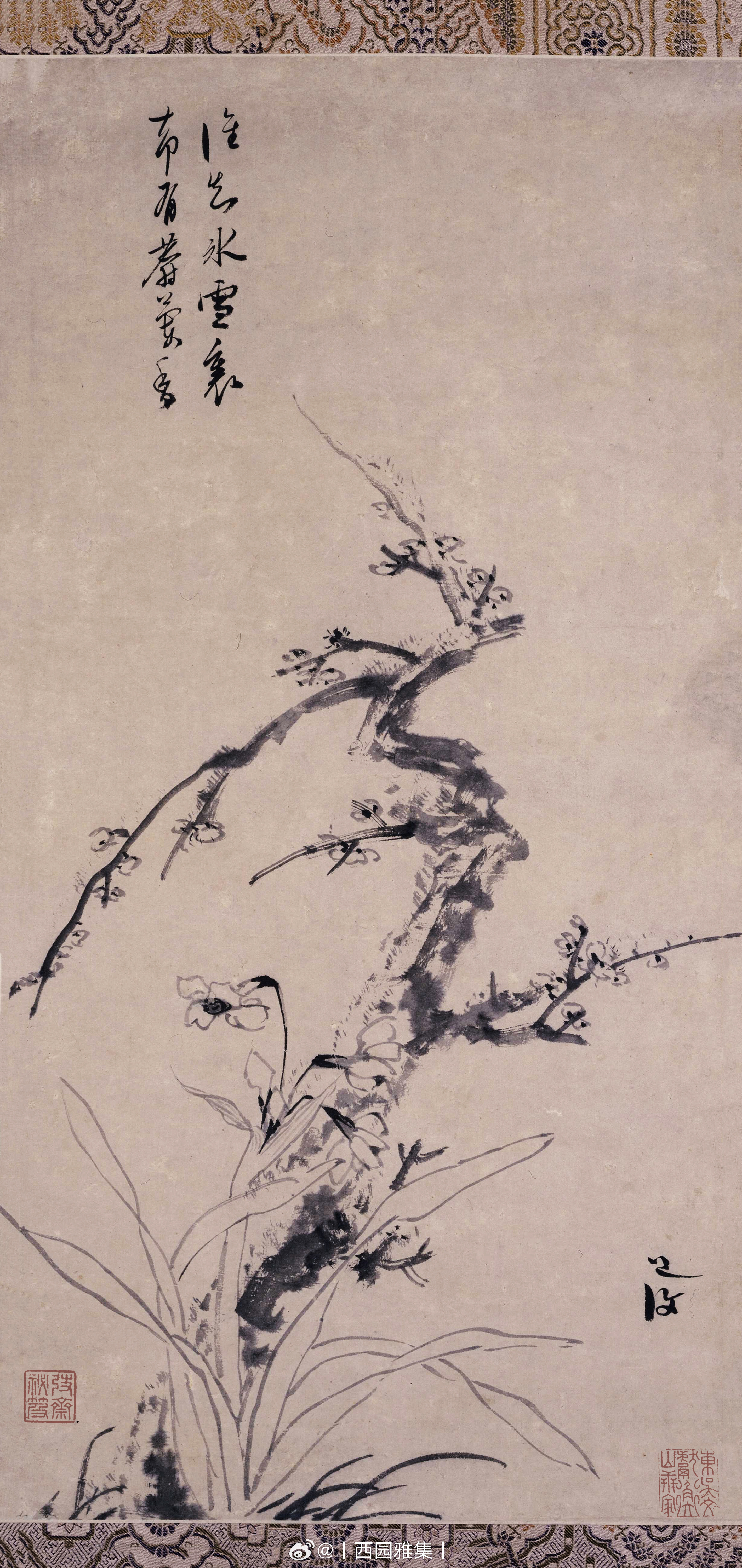 明 陈淳 梅花水仙图轴 立轴 水墨此幅梅花居于画面的主要位置，枝干向四周舒展，与