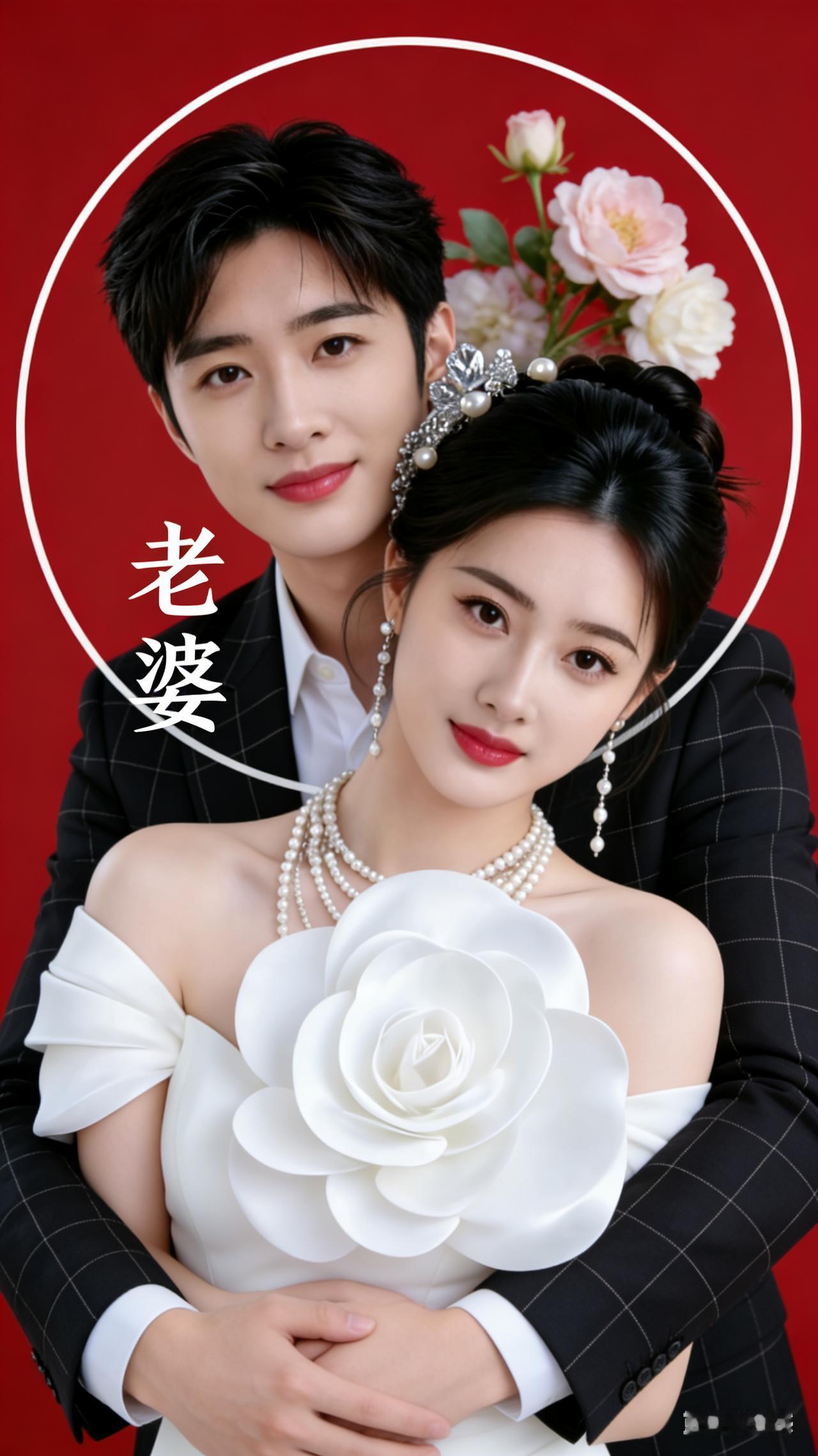 红底喜字配佳人，
我家老婆最称心。
往后余生一起走，
柴米油盐不分手。