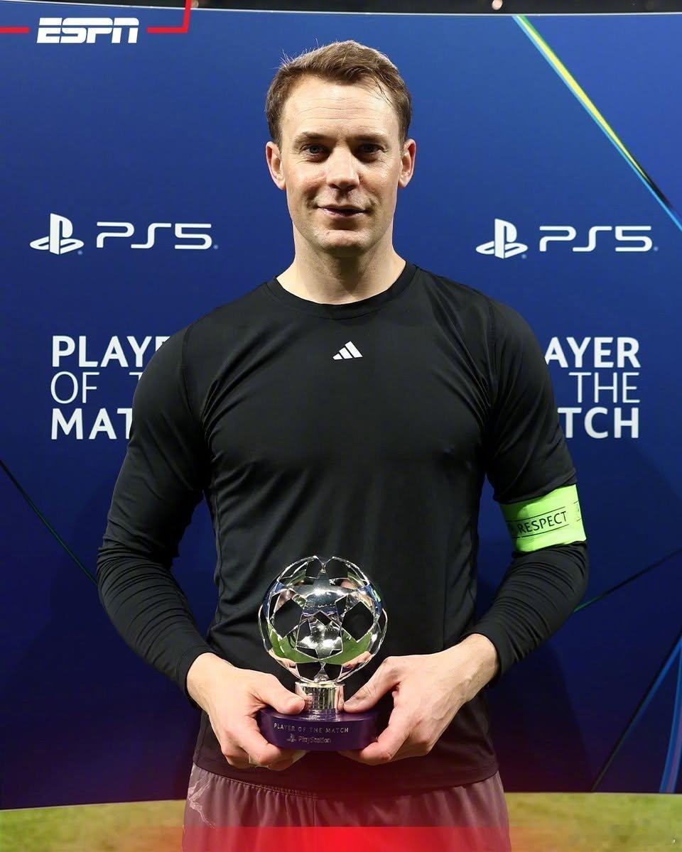 【官方】40岁的拜仁门将诺伊尔当选本周欧冠最佳球员，他在客场对阵皇马的比赛中做出