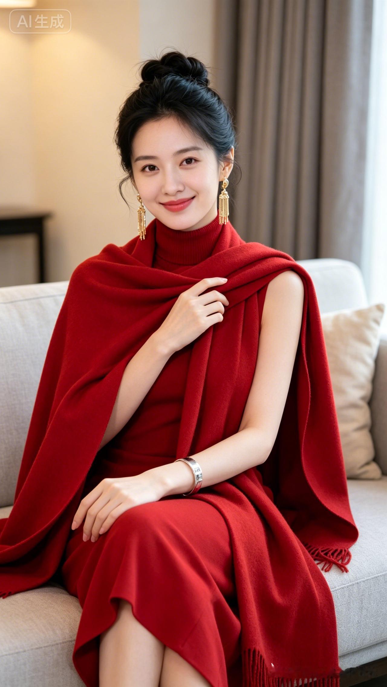 她穿着红色衣服坐在沙发上，好优雅！