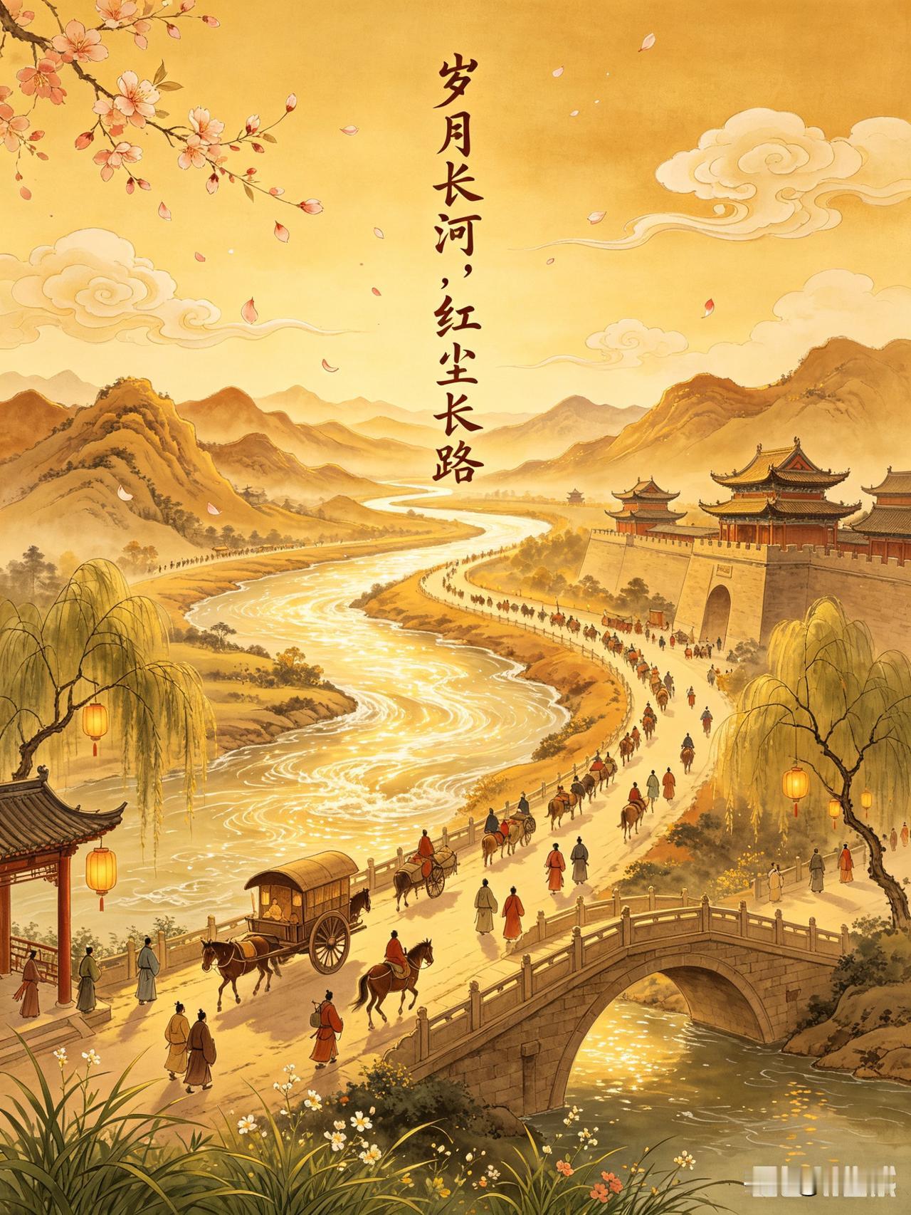 上联：岁月长河
下联：红尘长路