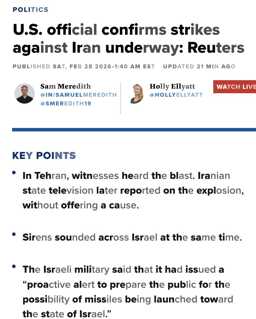 美媒：美国官员证实美军已对伊朗发动袭击。

2月28日以色列对伊朗首都德黑兰发起