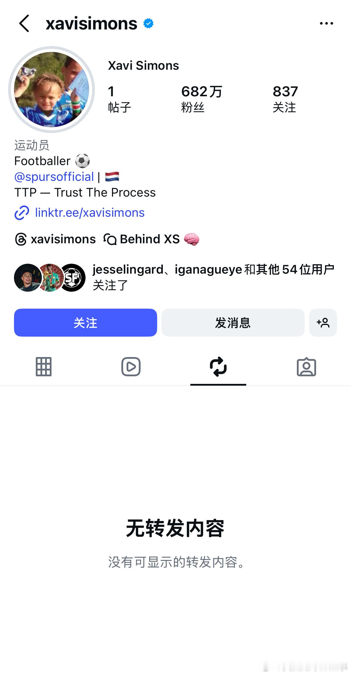 西蒙斯把个人ig内容删光了，只留了最新一条宣布自己十字韧带断裂无缘世界杯的帖子有