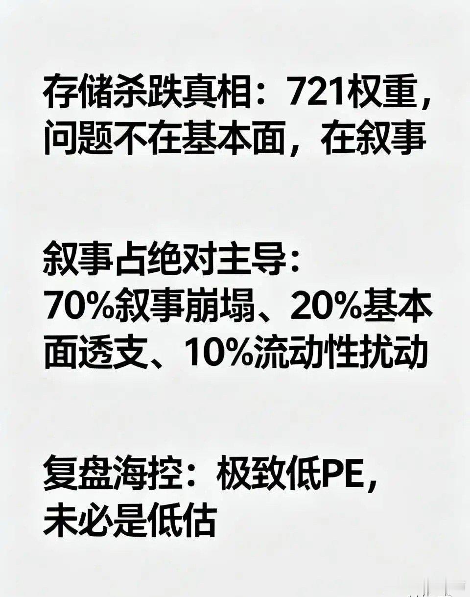 存储杀跌真相：721权重，问题不在基本面，在叙事现在存储最大的争议：到底是叙事、