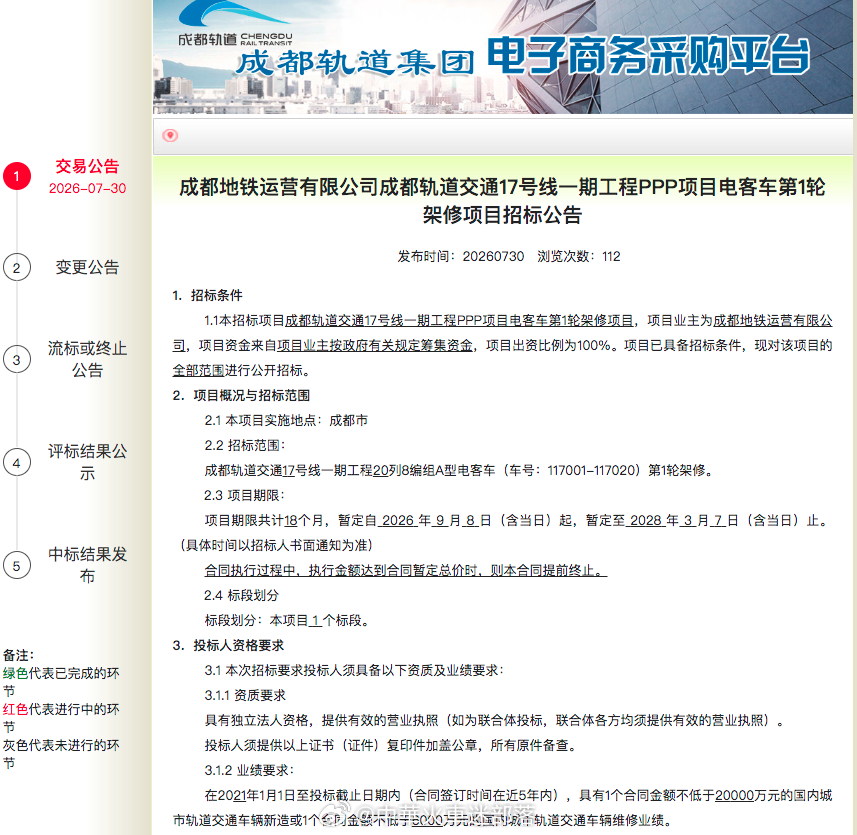 国铁播报【20列地铁A型车首轮架修招标】7月30日，成都地铁运营公司发布成都轨道