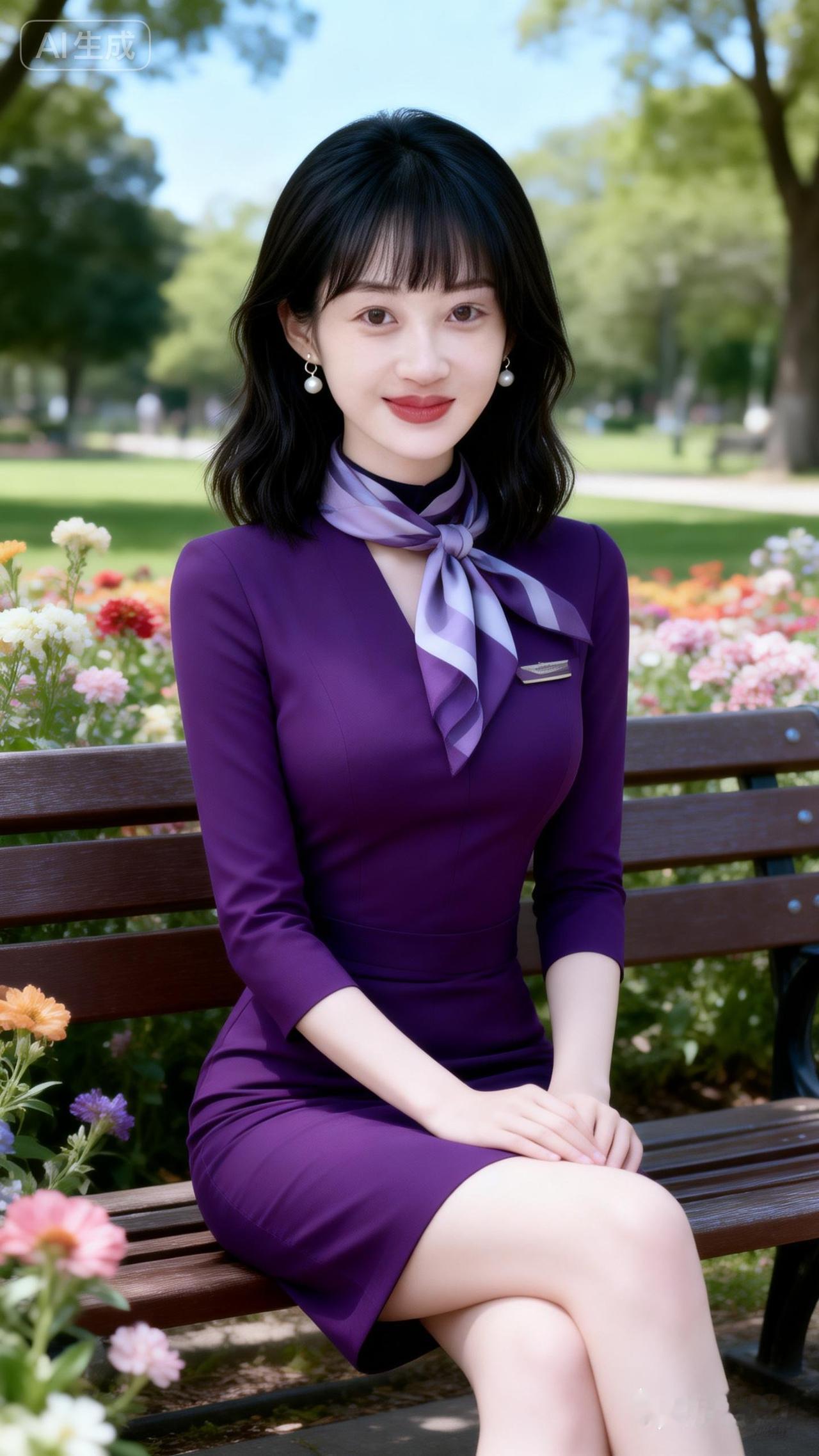 优雅空姐，公园花海中绽放迷人风采🌸✨