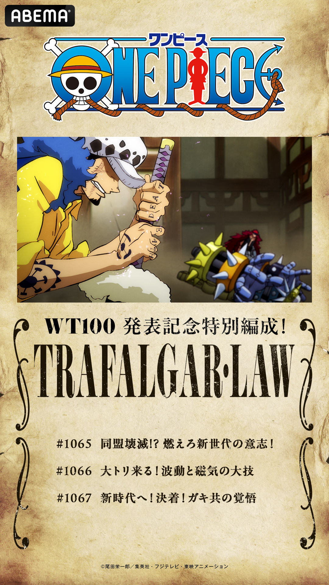 海贼王 【本田快讯】         为纪念WT100结果发表，ABEMA频道将