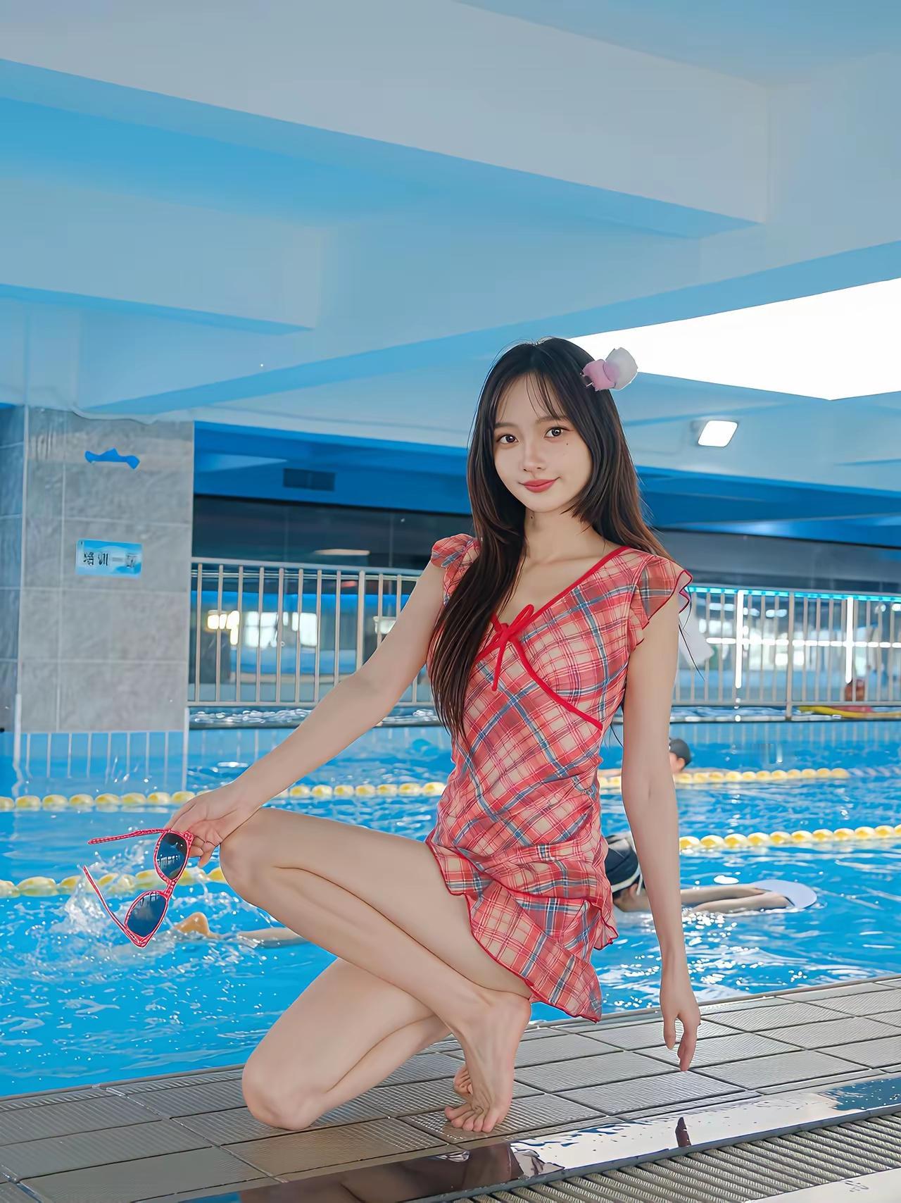 夏日泳池边，红格子泳衣少女，阳光洒满笑颜米饭，馒头，哪个好吃 有没有喜欢瑜伽的