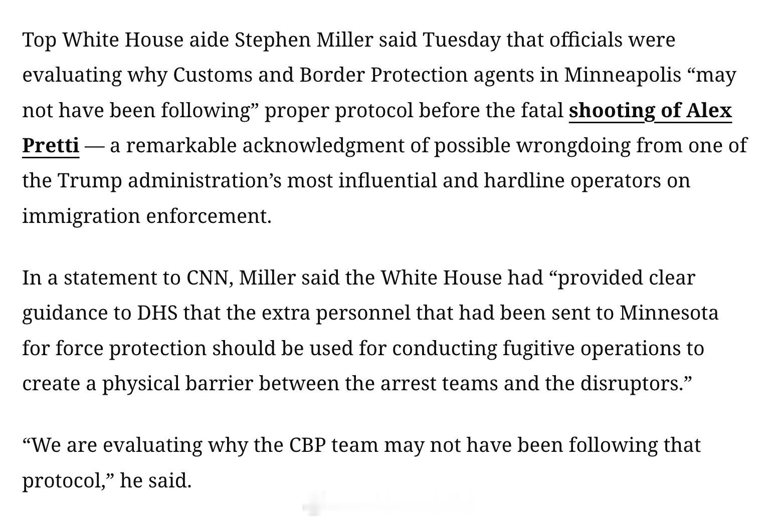 Stephen Miller向CNN表示，联邦政府正在评估为何负责明尼阿波利斯的
