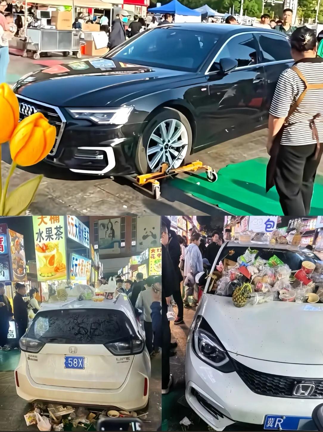 河北石家庄正定夜市的这两台车，面临着不同的情况，一个被掰车牌，一个小心翼翼被挪走