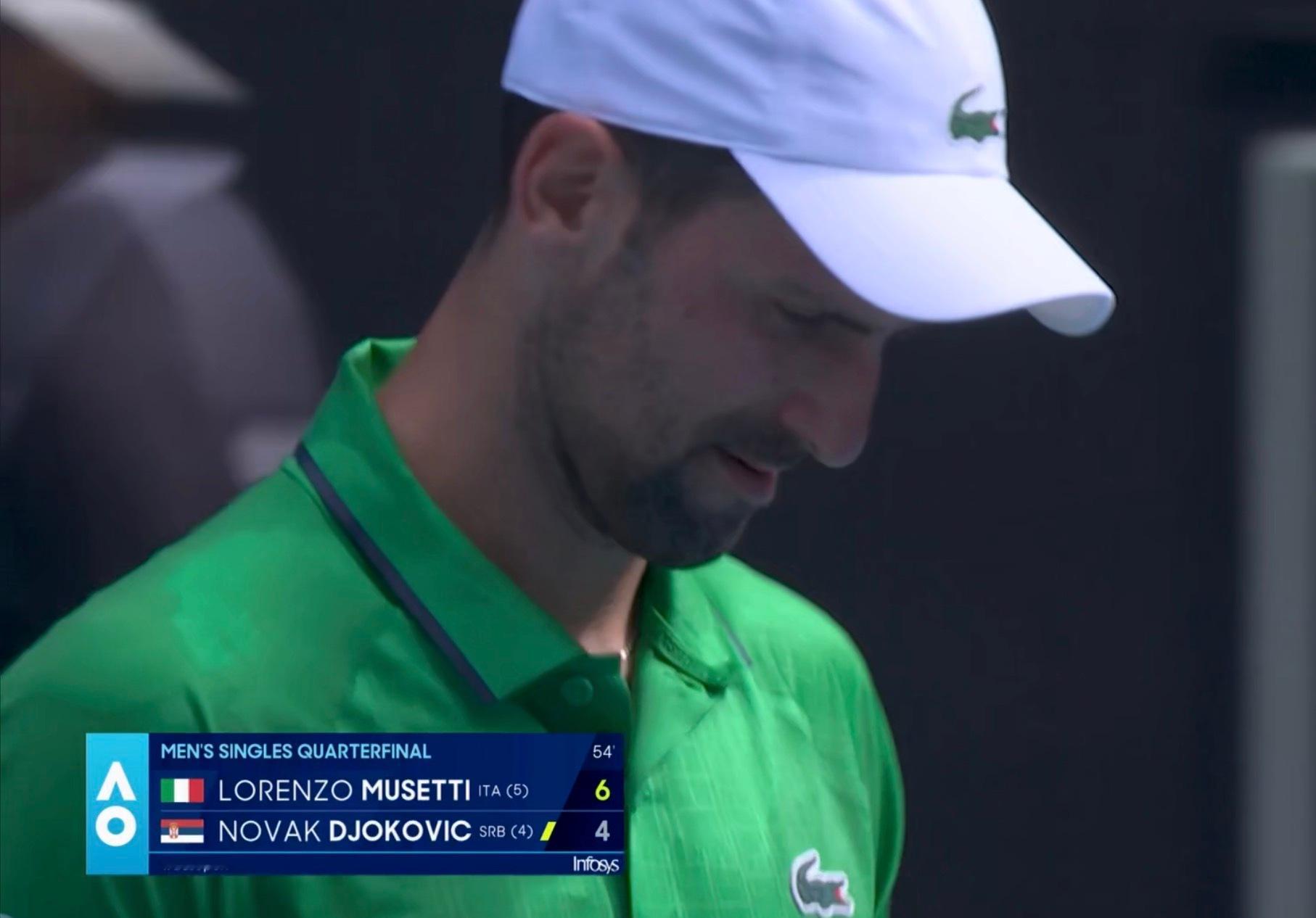 德约科维奇vs穆塞蒂 德约首盘4-6穆塞蒂，2-0时的一个德式高压后(网页链接)