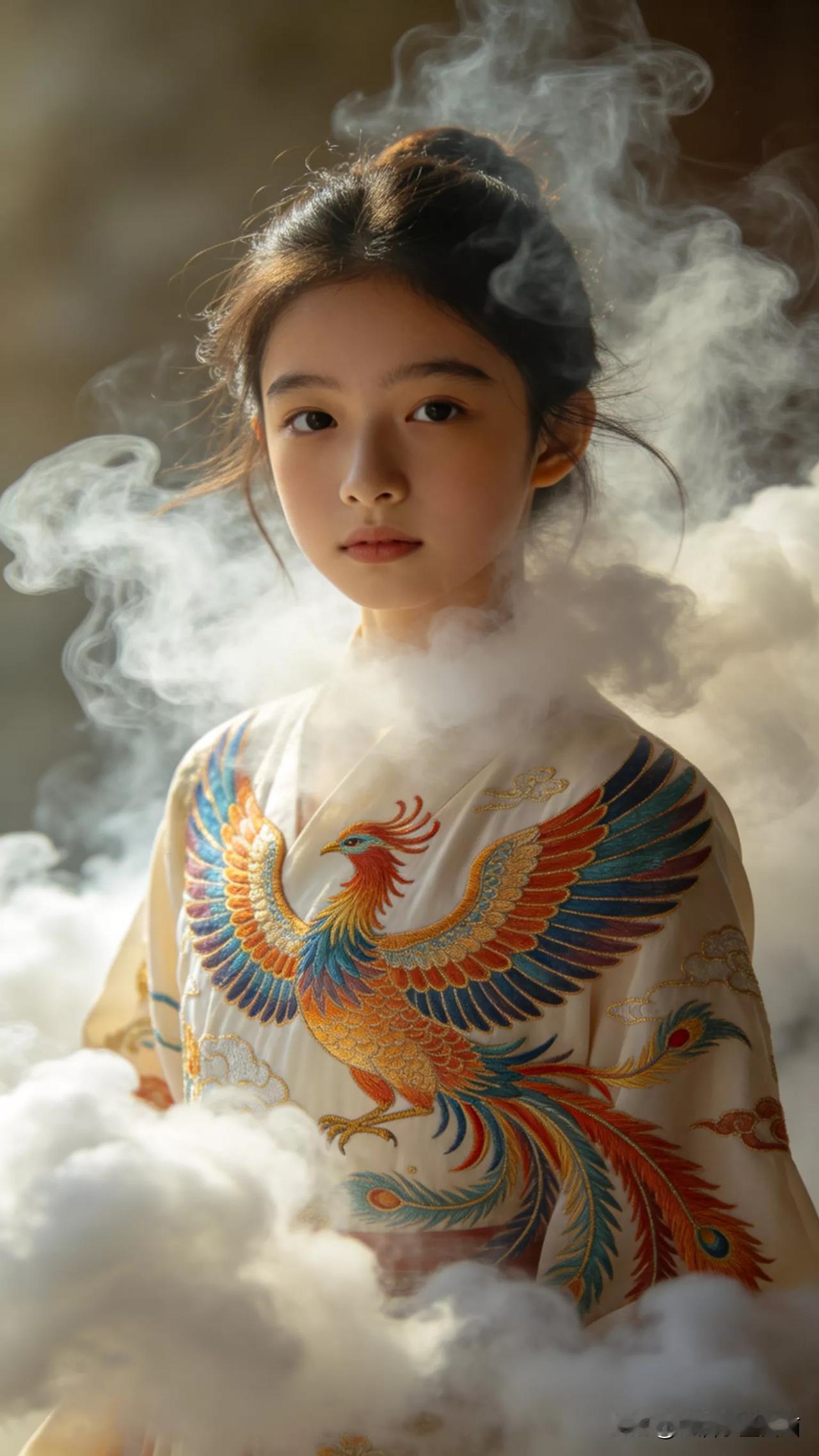 仙气缭绕的少女，孔雀锦衣，如梦似幻张立启原创书画AI作品古仕女发髻服饰集锦第70