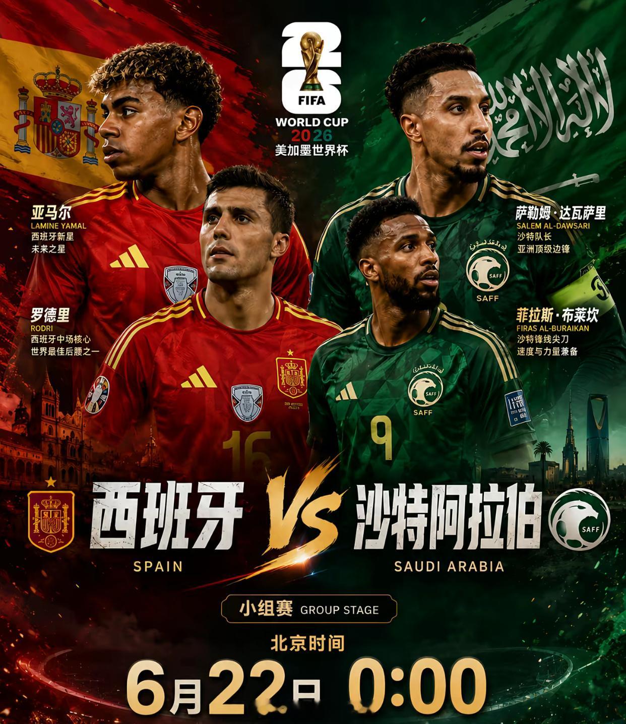 2026世界杯F组次轮 西班牙 VS 沙特阿拉伯 风向：让胜 年龄：3 0  4