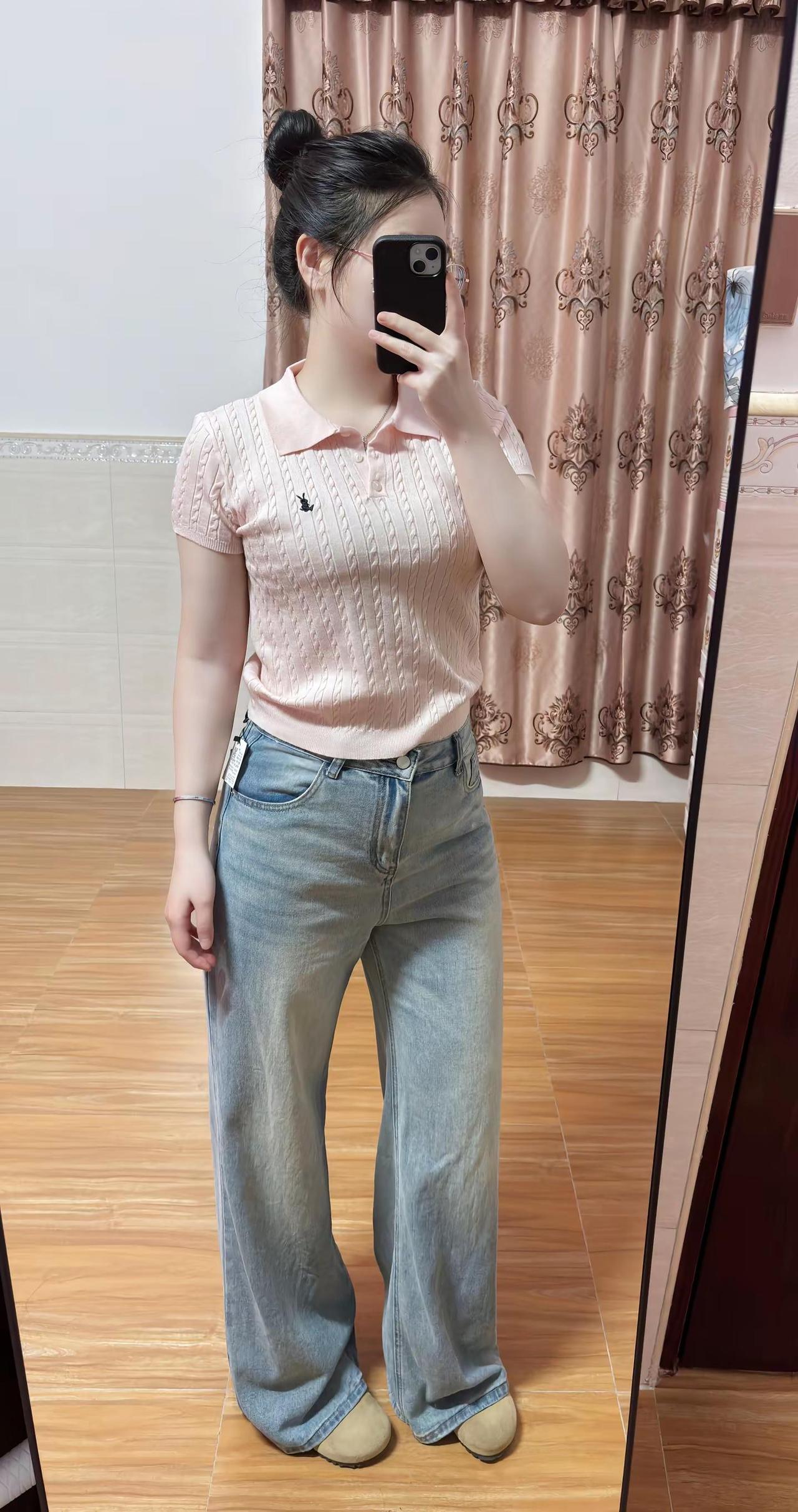 162/130斤 微胖穿搭 polo衫女孩 粉色上衣搭配牛仔裤