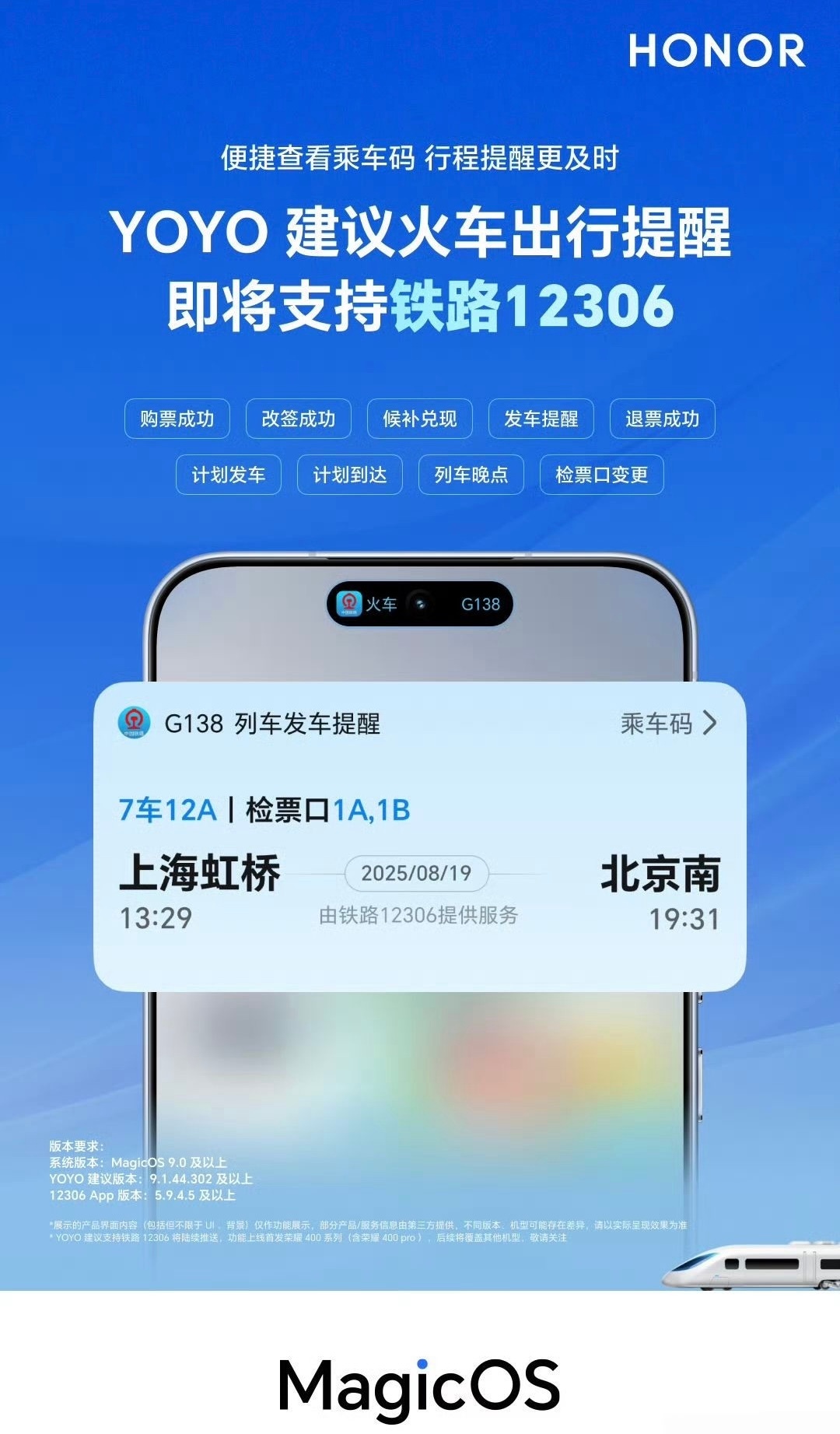 荣耀MagicOS也宣布即将接入铁路12306，可显示购票成功、改签成功、候补兑