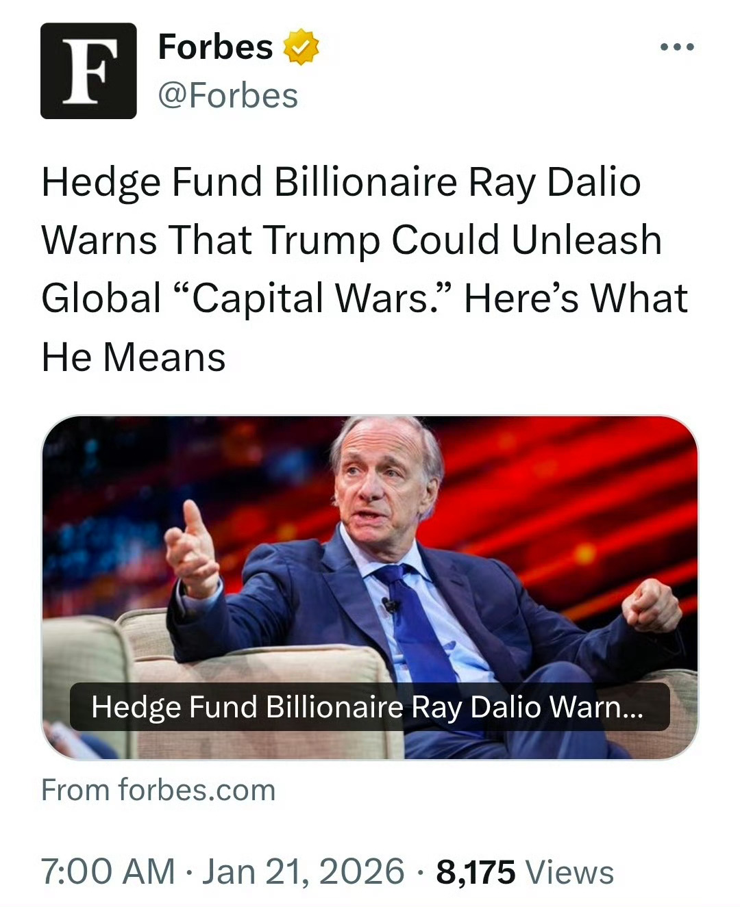 达里奥在达沃斯论坛上警告，由于贸易紧张局势加剧、赤字扩大和政策不确定性可能侵蚀投