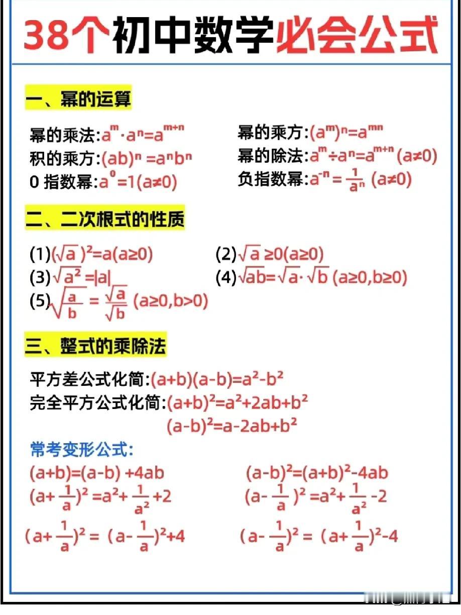 38个数学公式搞定初中数学！
初中数学常用定理
初中竞赛常用定理
《将军饮马》几