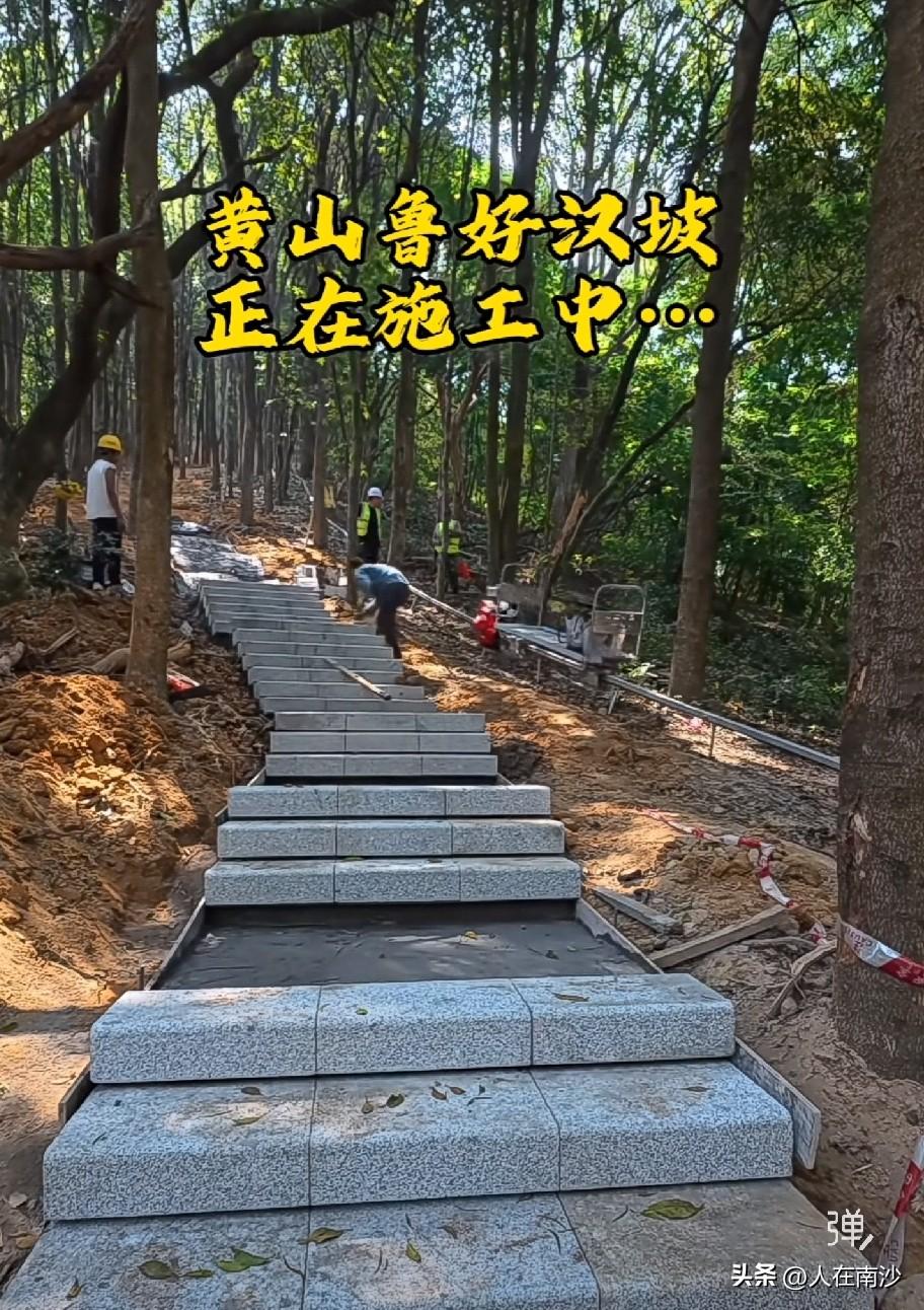 黄山鲁内部山海脊道施工中，原来才知道是这么施工的，物料运输靠一个轨道运输车来运上